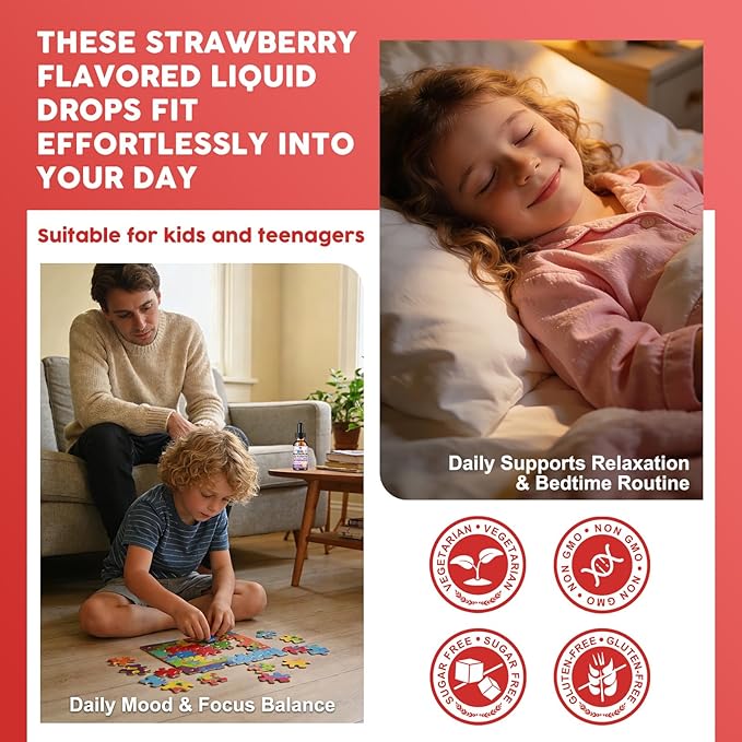 Magnesium Glycinate Drops for Kids - Relaxation & Cognition Support - 200mg Liquid Magnesium Glycinate Supplement with L-Theanine, GABA, B6, D3, K2 - Sugar Free, Strawberry Flavor - 1 Fl Oz (2 Pack)