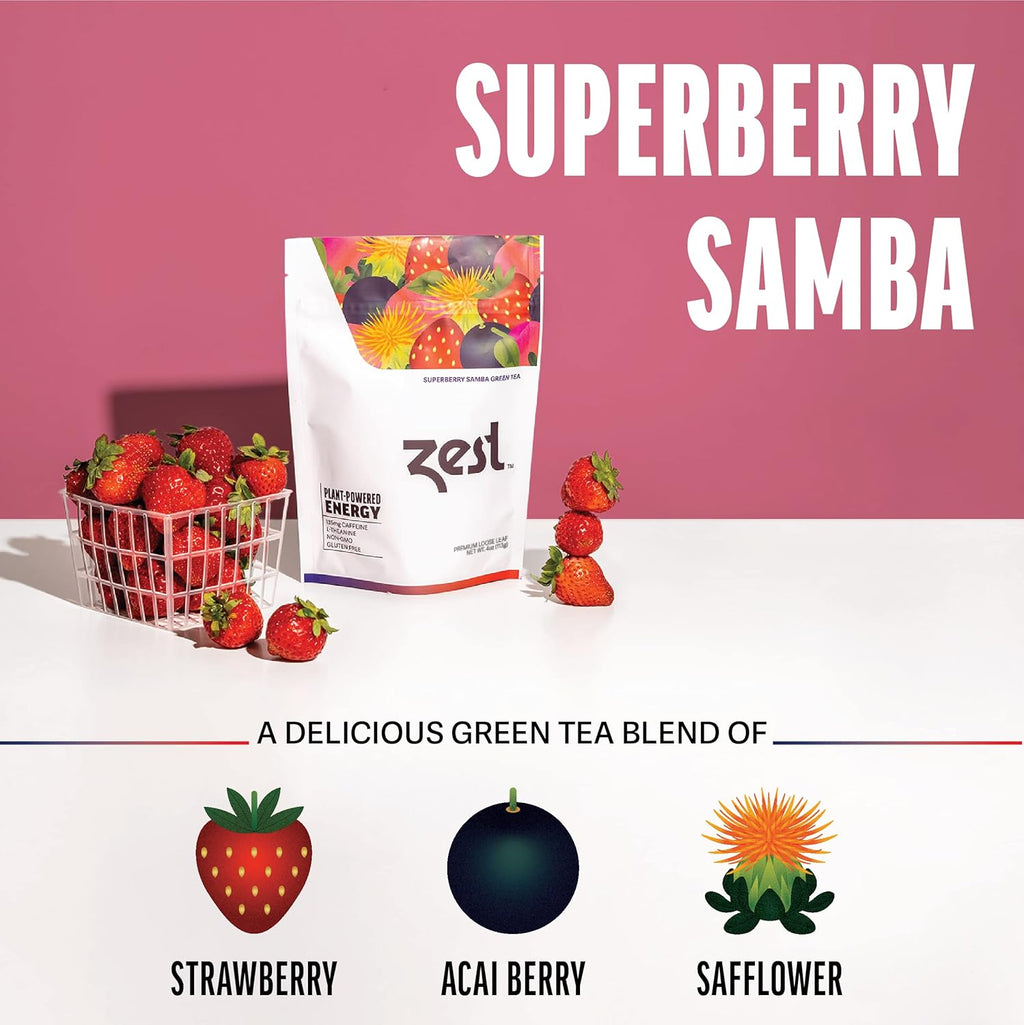 Zest 135mg High Caffeine Energy Loose Leaf Blend - Superberry Samba Green Tea - 4 Oz - Hot or Iced - All Natural Strong Flavored Healthy Coffee Highly Caffeinated Substitute - Perfect for Keto Diet