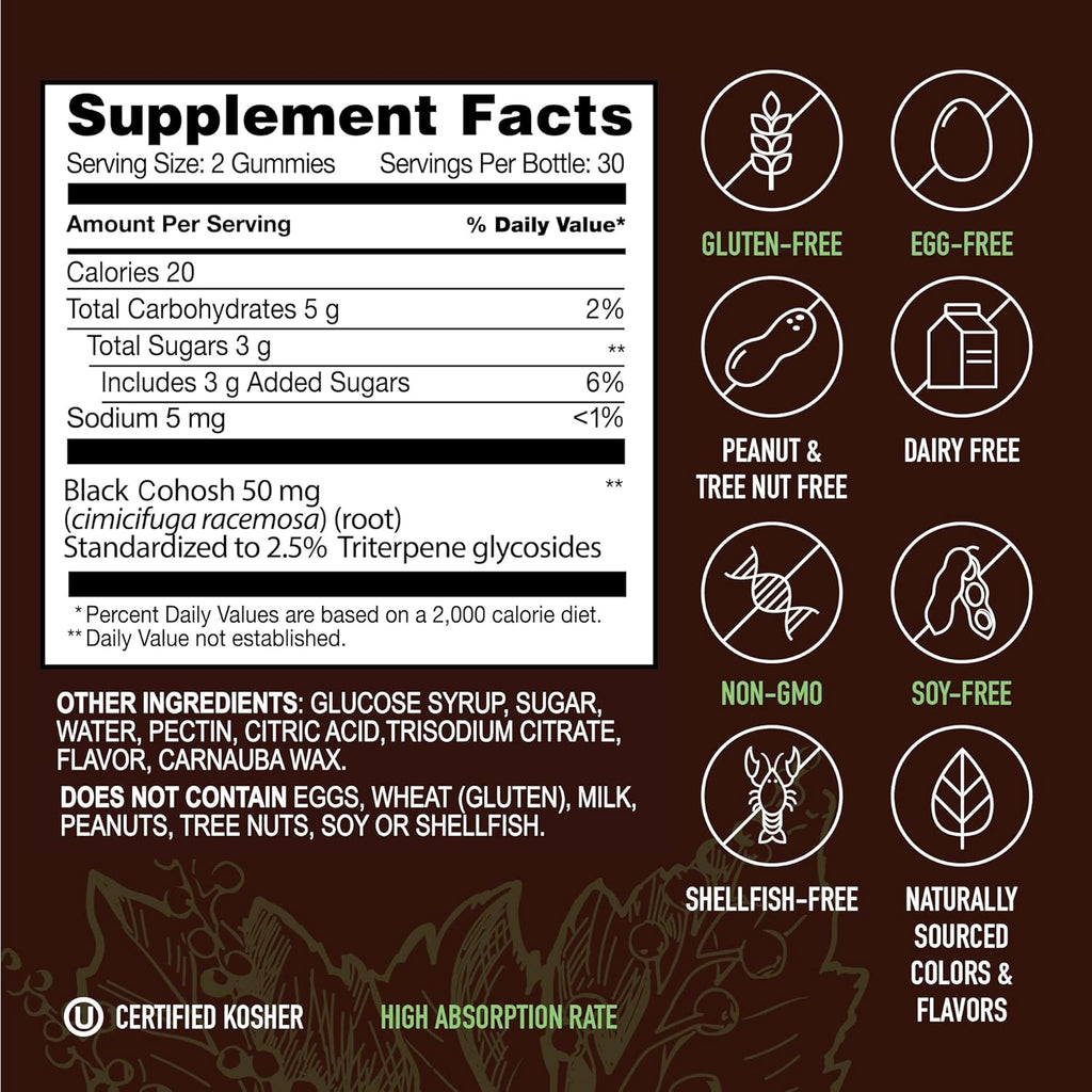 YUM-V'S Strong Earth Black Cohosh Root, Black Cohosh Gummies (60 Count) Natural Extract Menopause Supplements, Menopause Relief, Night Sweats & Hot Flashes for Women, Multi Relief - 50mg