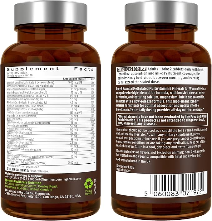 Igennus Methylated Women's 50+ Multivitamin with Calcium & Magnesium, Pure & Clean, All-Day Nutrient Delivery with High-Strength B-Vitamins, Antioxidant Support, Iron and Copper Free, 60 Vegan Tablets