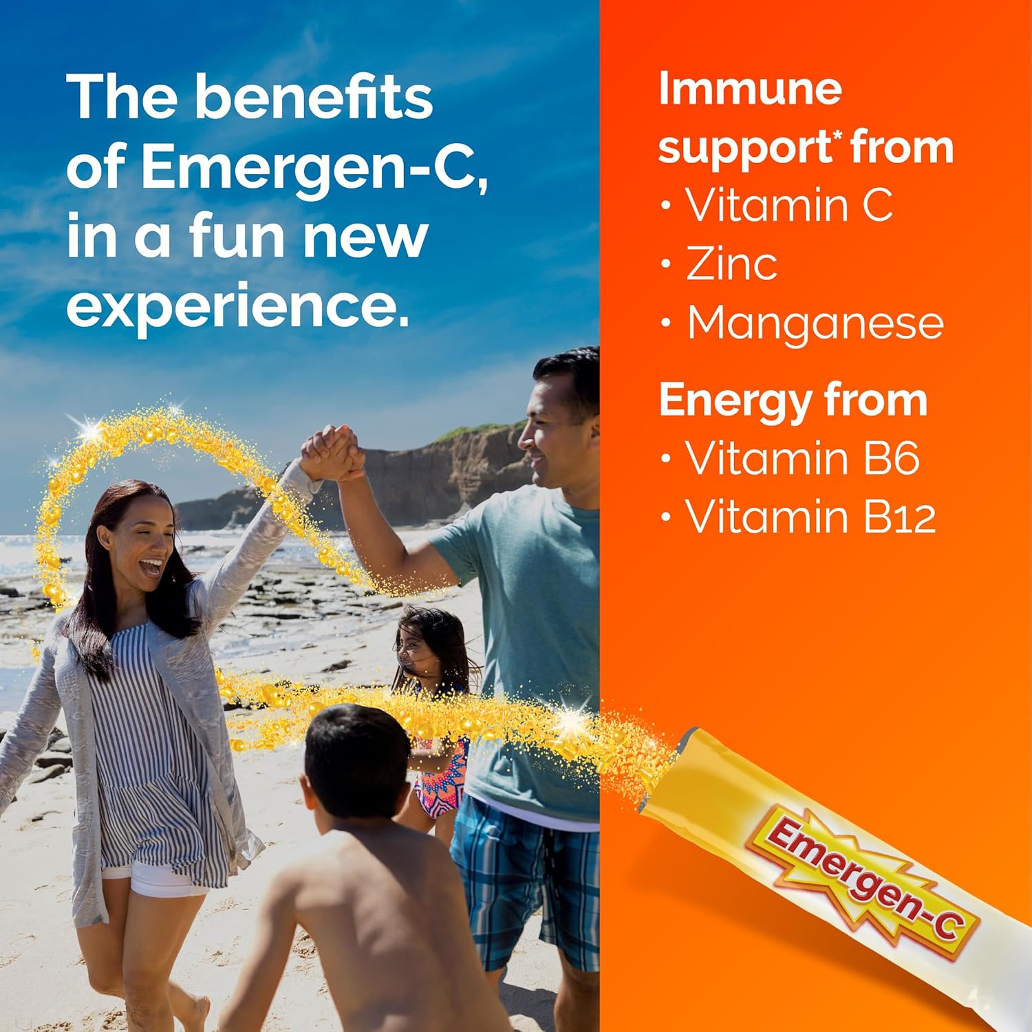 Emergen-C Crystals, On-the-Go Emergen-C Immune Support Supplement with Vitamin C, B Vitamins, Zinc and Manganese, Orange Vitality, Back to School Essentials - 56 Stick Packs