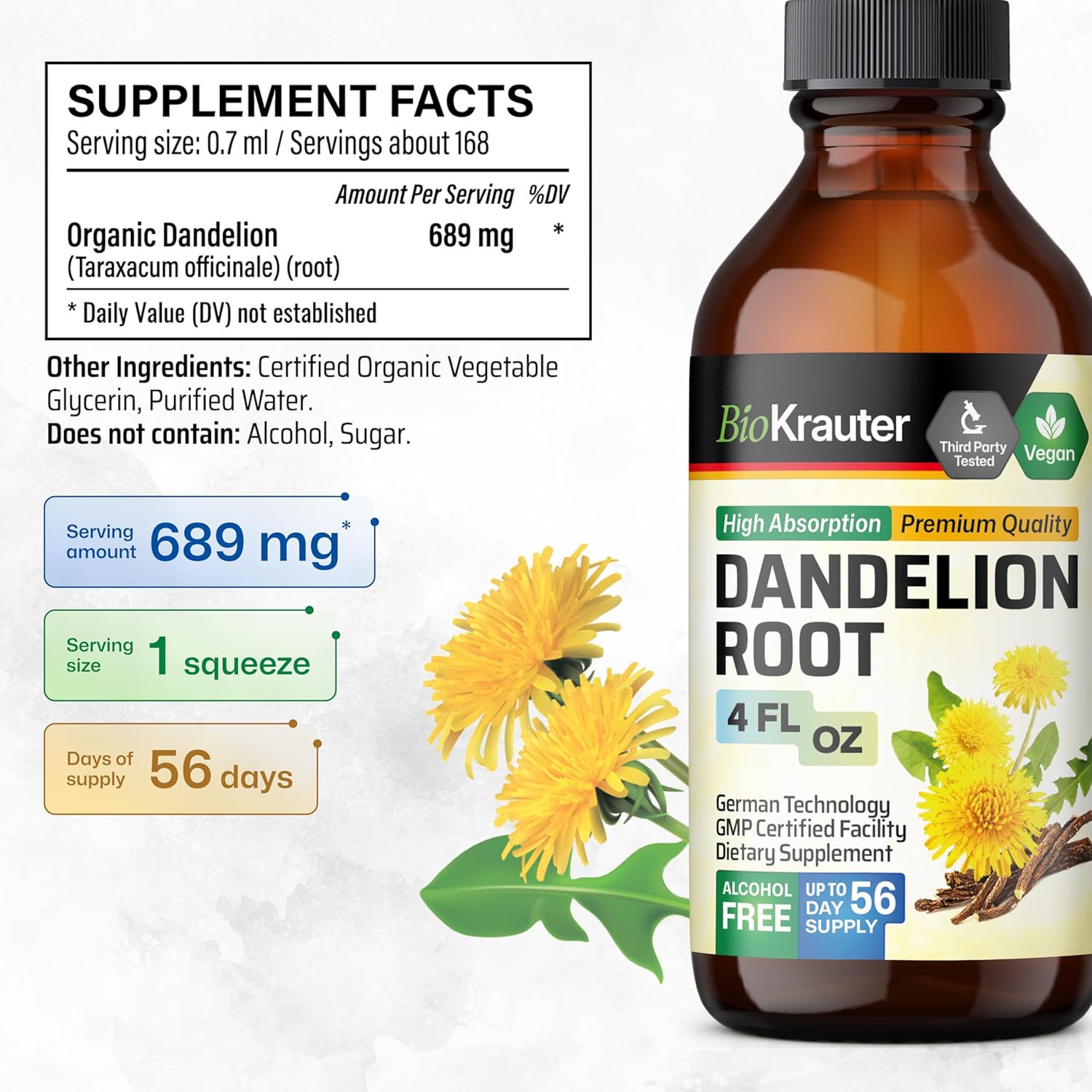 BIO KRAUTER Dandelion Tincture - Pure Dandelion Root Supplement for Liver & Kidney Support - 4 Fl. Oz - 56 Days of Supply - Vegan Extract Liquid Drops Non-GMO, No Fillers, No Sugar & Non-Alcohol
