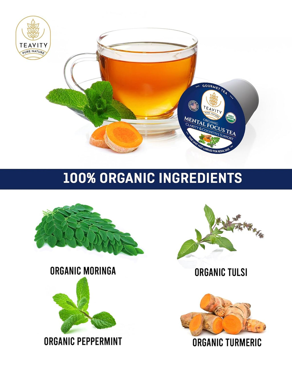 Teavity Organic Mental Focus Tea Pods (24 Count) - Moringa, Peppermint, Holy Basil & Turmeric - Naturally Decaf - Keurig Compatible