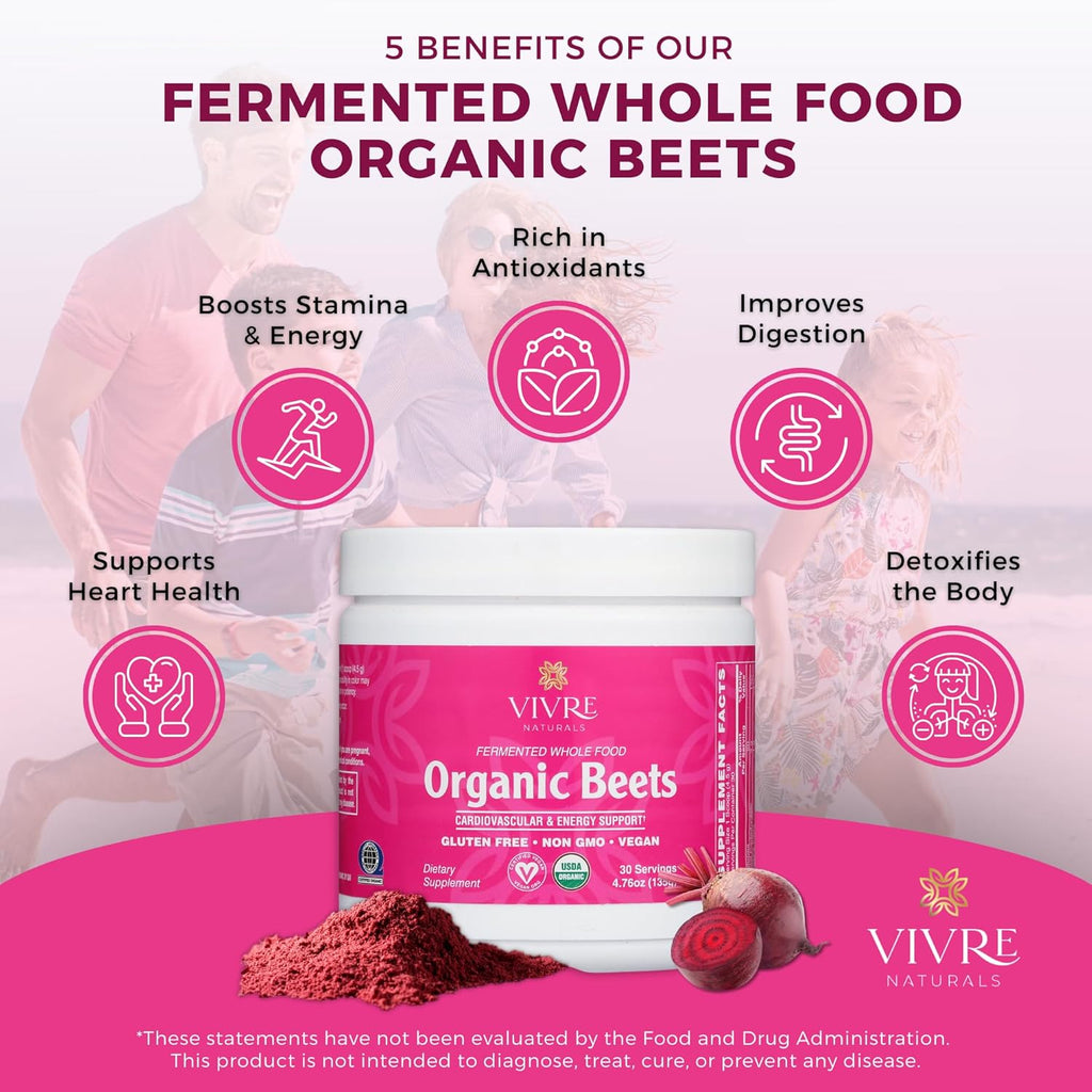 Vivre Naturals Fermented Whole Food Organic Beet Powder, USDA Organic, Probiotic-Enhanced Beetroot Superfood - Nitric Oxide Supplement for Blood Pressure Support, Heart Health Circulation, 30 Servings