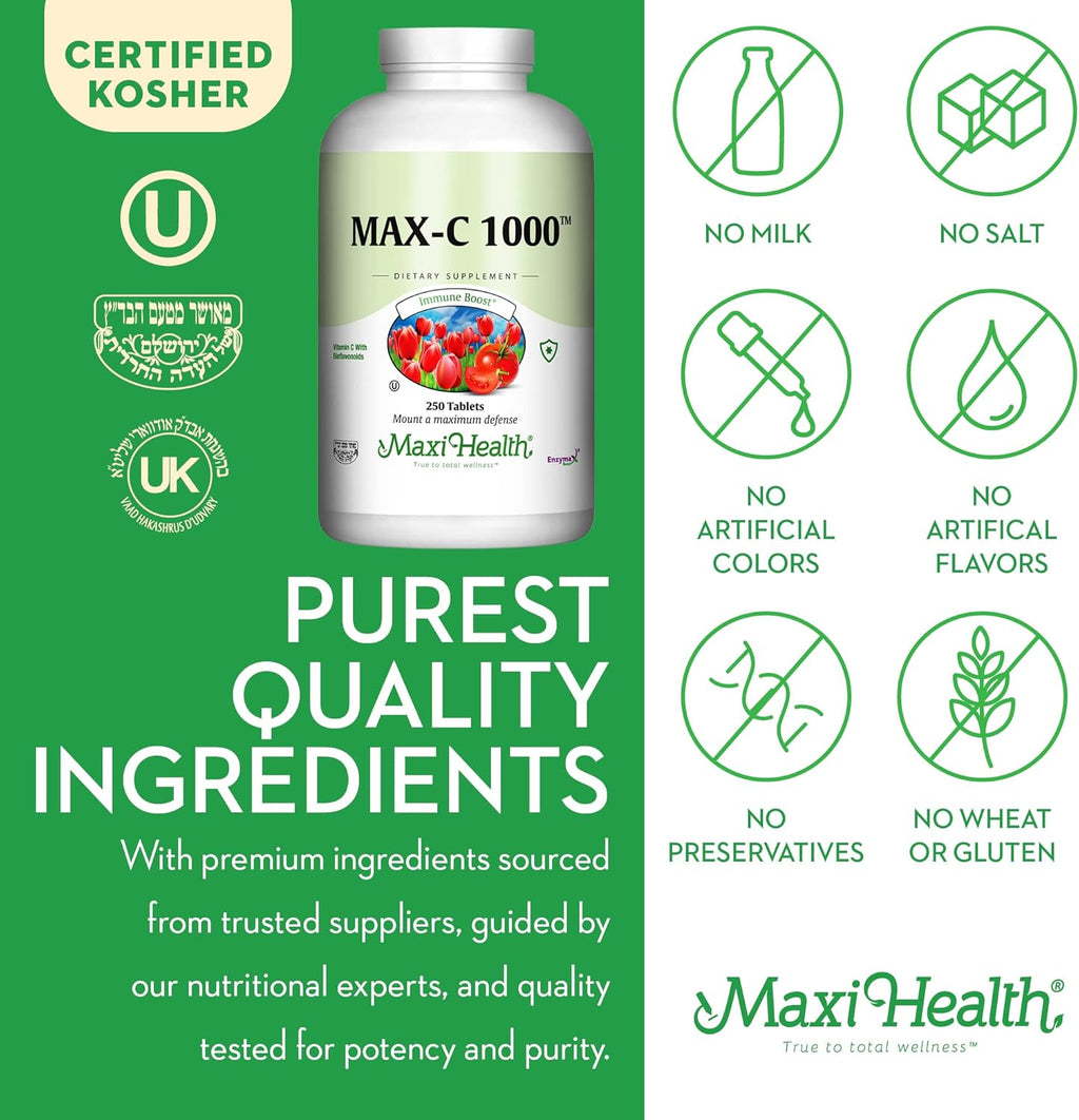 Maxi Health 1000 mg Vitamin C - 1000mg Tablets Ultra High Absorption Formula - Gluten Free Kosher Dietary Non GMO Supplement for Immune Support - Vitamin C Tablets from Ascorbic Acid, (250 Count)