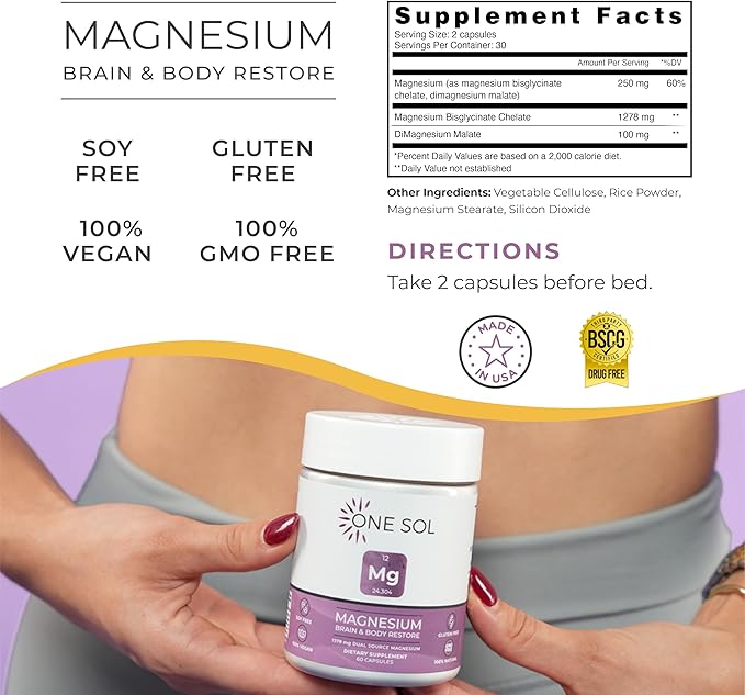 One Sol Magnesium, 1378 mg Dual Source Magnesium Bisglycinate for Sleep, Relaxation and Full Body Recovery, High Absorption, Vegan, Non-GMO, Gluten & Soy-Free, Made in USA, 60 Capsules