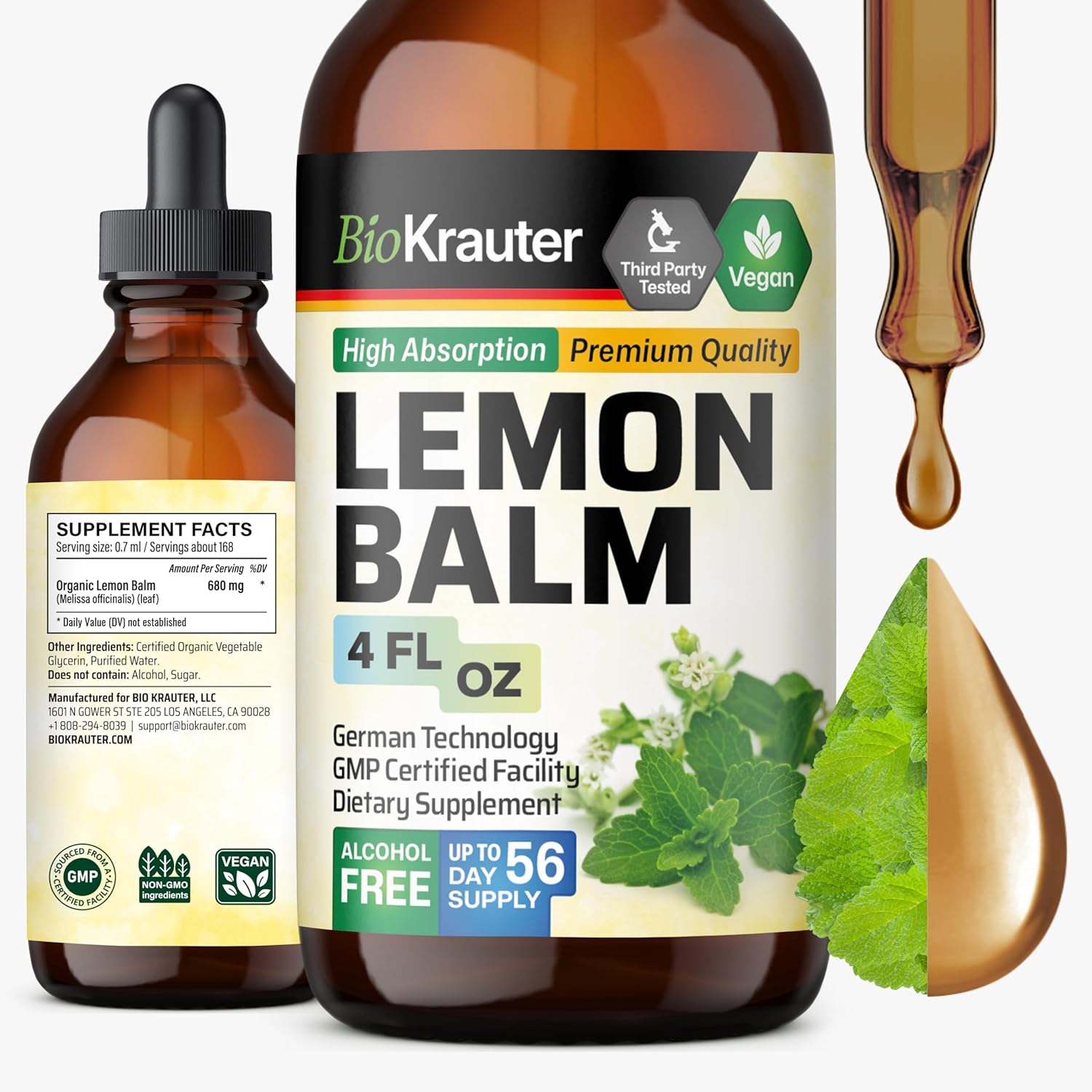 BIO KRAUTER® Lemon Balm Tincture 680 mg Melissa Officinalis - Pure Vegan Lemon Balm Extract 4 Fl.Oz 56 Days of Supply - Natural Calming & Sleep Support - Alcohol & Sugar Free - Digestion & Relaxation