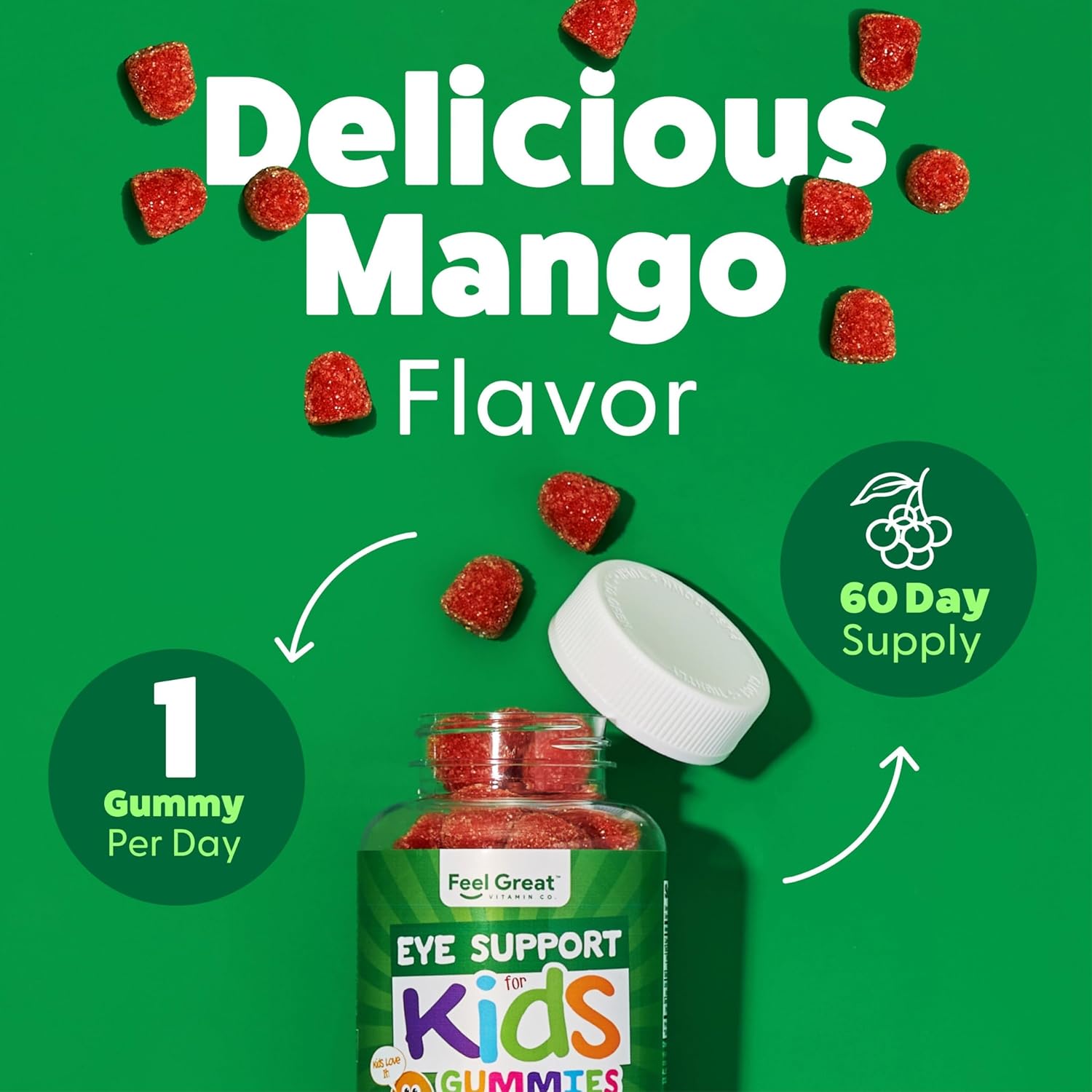 Feel Great Kids Gummy Vitamins for Eyes | Essential Eye Vitamins Lutein and Zeaxanthin | Mango Flavored Vegan Eye Vitamins for Kids | Gluten Free | 60 Day Supply