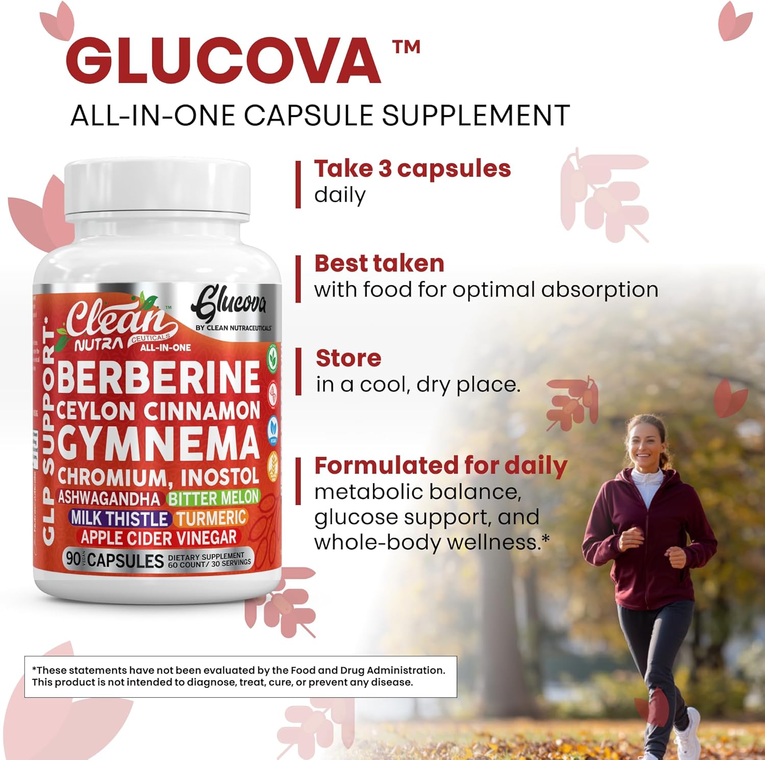 Clean Nutra Glucova, All-in-One Blood Sugar Support Supplement with Berberine, Ceylon Cinnamon, Gymnema, Chromium, 90 Capsules