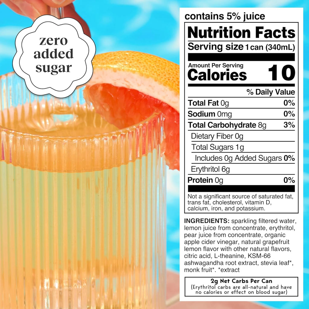 Moment Botanical Soda Soft Drink (Shark Tank) - SPARKLING Non Alcoholic Drinks | Grapefruit Lemonade | L-Theanine & Ashwagandha for Calm & Clarity | 0 Added Sugar 0 Caffeine | 12-pack