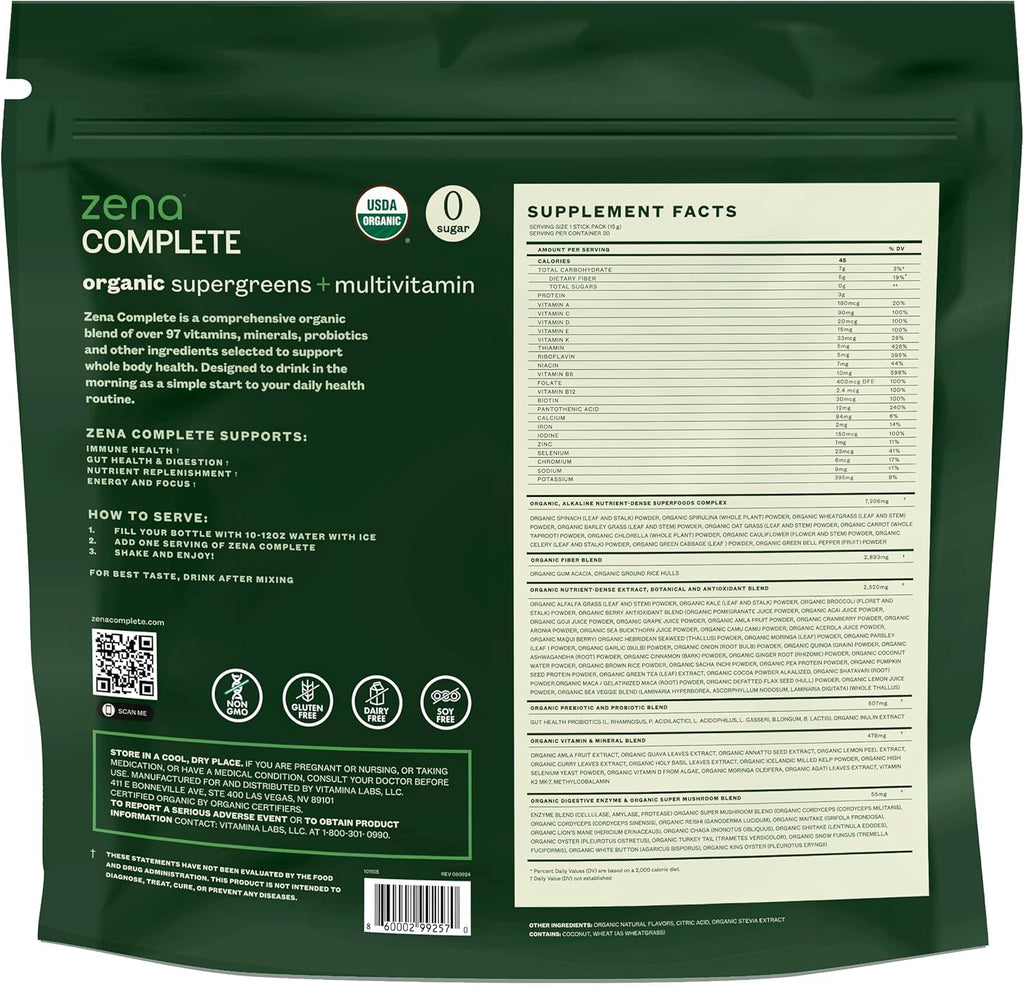 Zena Complete Organic Super Greens Powder & Multivitamin, 90+ Supergreens, Fruits, Veggies, Pre & Probiotics, Watermelon Citrus Flavor, 30 Packets + Water Bottle