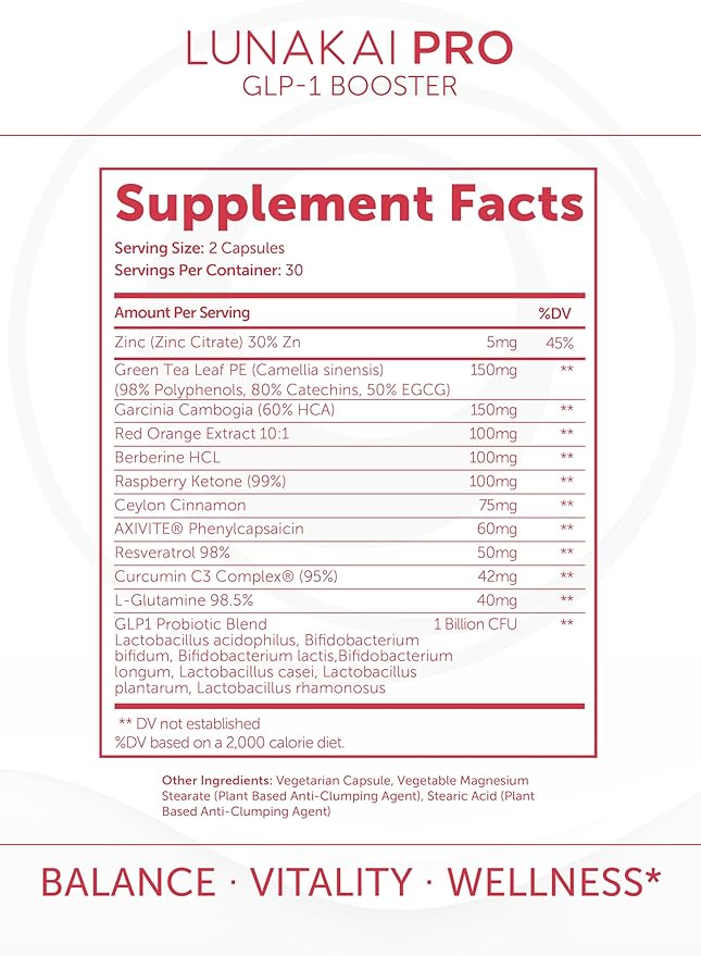 Lunakai PRO USA Manufactured GLP-1 Supplement - Natural GLP 1 Booster with Probiotics & Resveratrol – Supports Weight Management, Cravings & Metabolism, 60ct