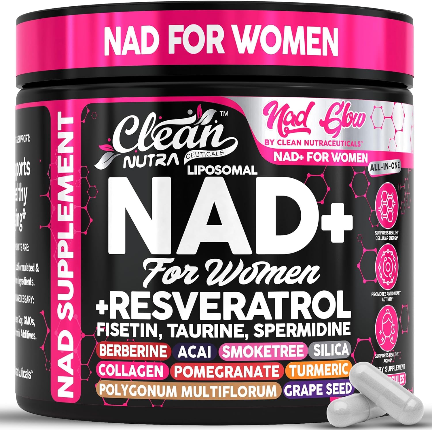 Clean Nutra NAD Supplement for Women Liposomal NAD+ Capsules with Resveratrol | Nicotinamide Riboside Fisetin Taurine & Spermidine | Premium All-in-One Formula | 90 Vegan Capsules