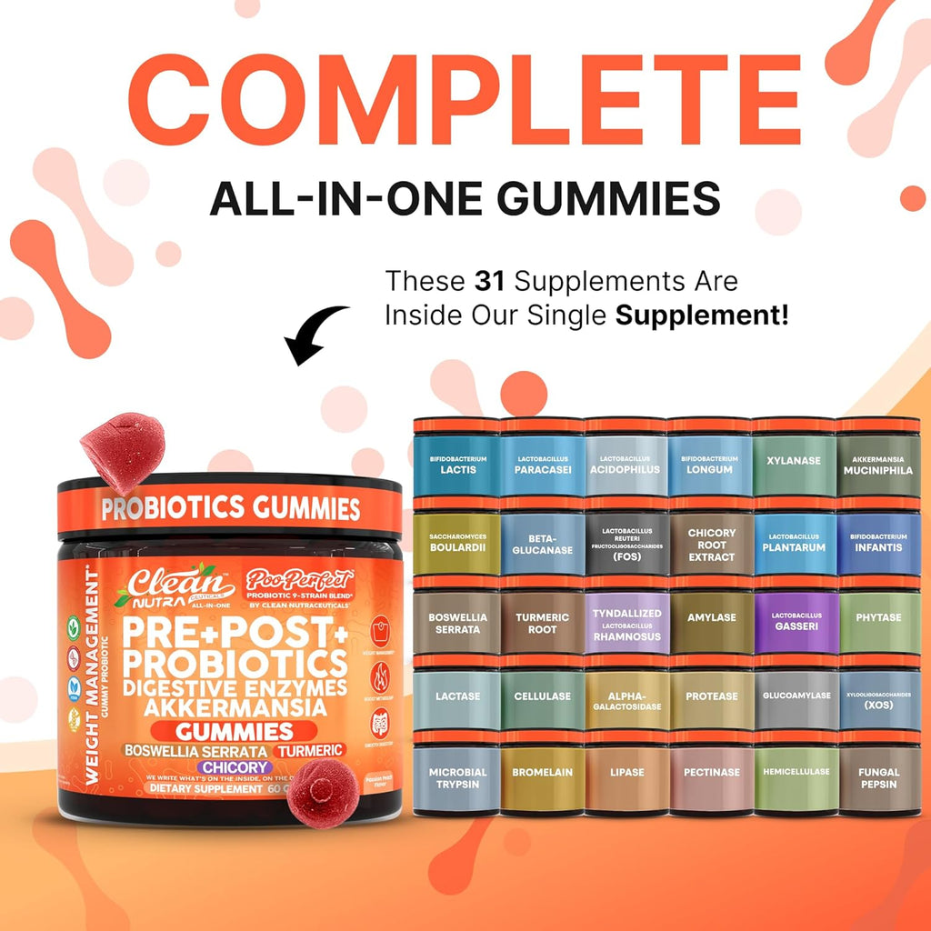 Clean Nutra Prebiotic Postbiotic Digestive Enzymes Gummies with Chicory Root, Boswellia Serrata, Turmeric, and Akkermansia | Pre+Post Probiotics Supplement | 60 Count Gummy | PooPerfect