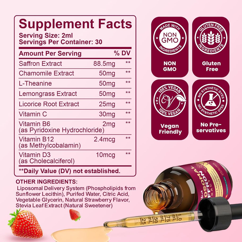 2 Pack Liposomal Saffron Supplements - 88.5mg Saffron Extract Liquid Drops with L-Theanine, Chamomile, Vitamin C, B6, B12 & D3 for Antioxidant, Immune, Mood, Energy, Focus & Sleep - Strawberry Flavor