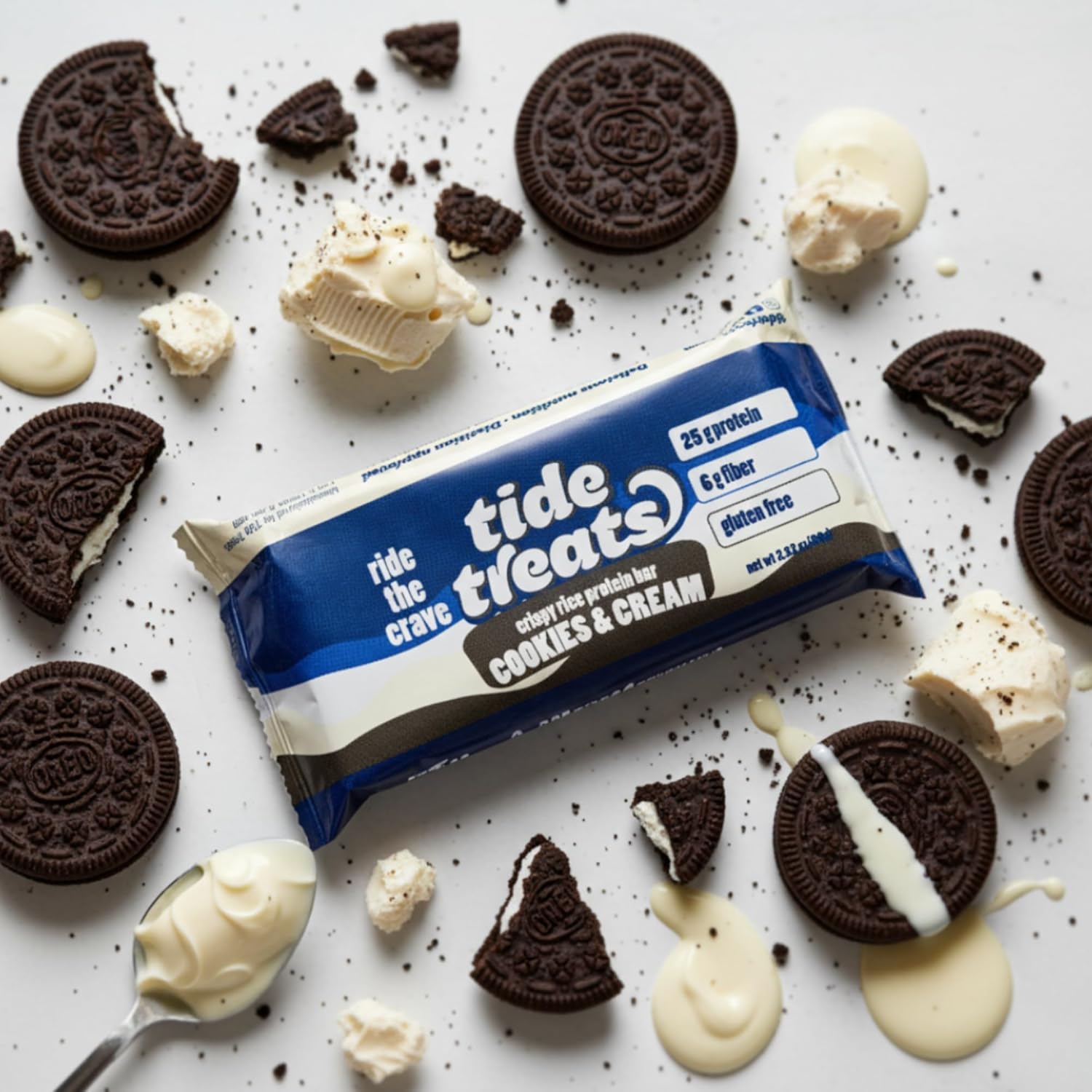 Crispy Rice Protein Treat Bar | 25 g Protein, No Added Sugar, 7 g Fiber, Gluten Free | High Protein Snack for On-the-Go, Post-Workout or Dessert Cravings | 8 Count (Cookies And Cream)