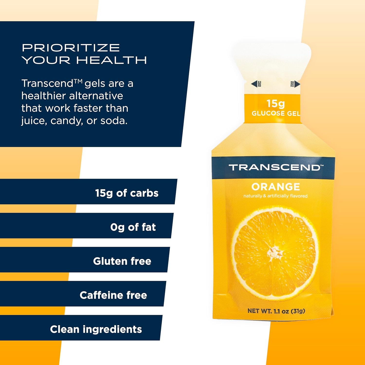 Transcend Foods Orange Gels (1.1 oz, Pack of 100) Fast-Acting Carb Gel Orange Flavor – Caffeine Free, Gluten Free