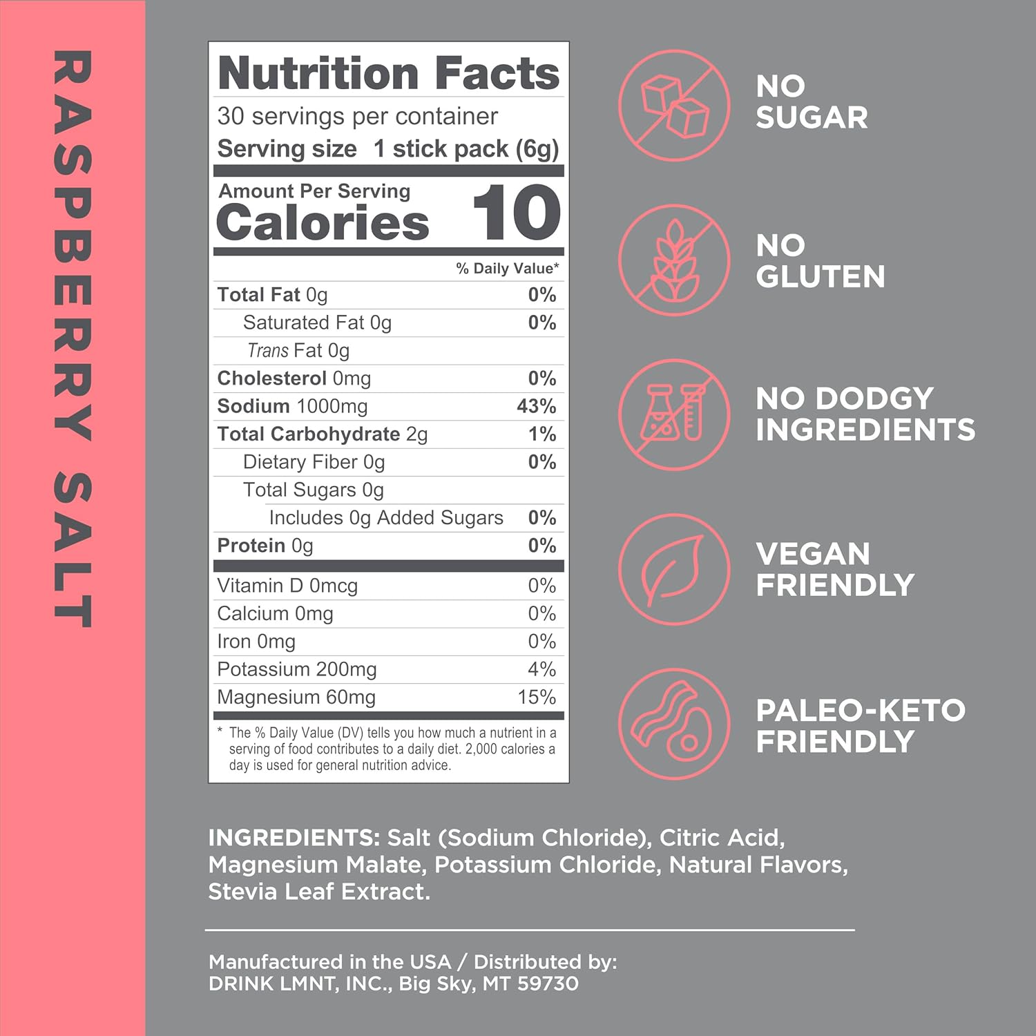 Drink LMNT Zero Sugar Electrolytes - Raspberry Salt | Drink Mix | 30-Count
