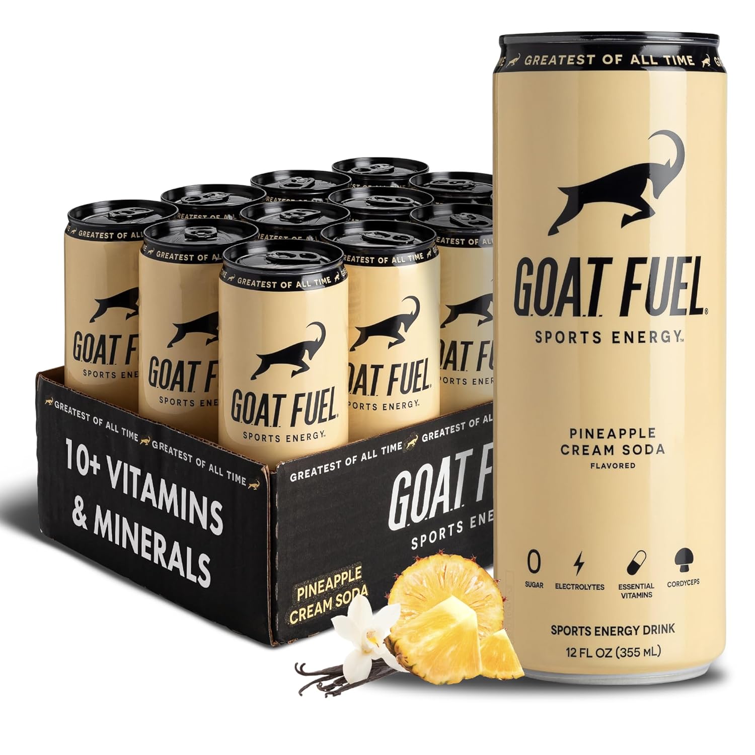 G.O.A.T. Fuel Energy Drink, Co-Founded by Jerry Rice, Natural Caffeine, Electrolytes, BCAAs, Cordyceps Mushrooms & Antioxidants, Light Carbonation Pre Workout, 12 Pack, 12 FL Oz, Pineapple Cream Soda