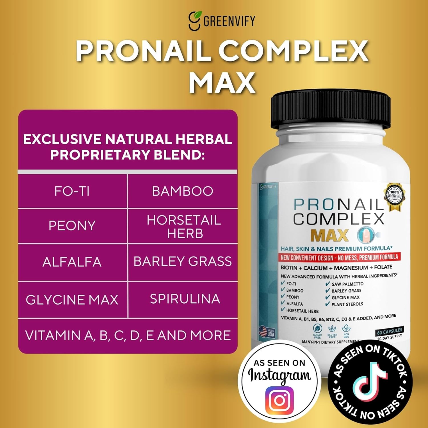 ProNail Complex Max Hair, Skin & Nails Premium Supplement with Biotin & Herbal Blend, 60 Capsules, 30 Day Supply (2)