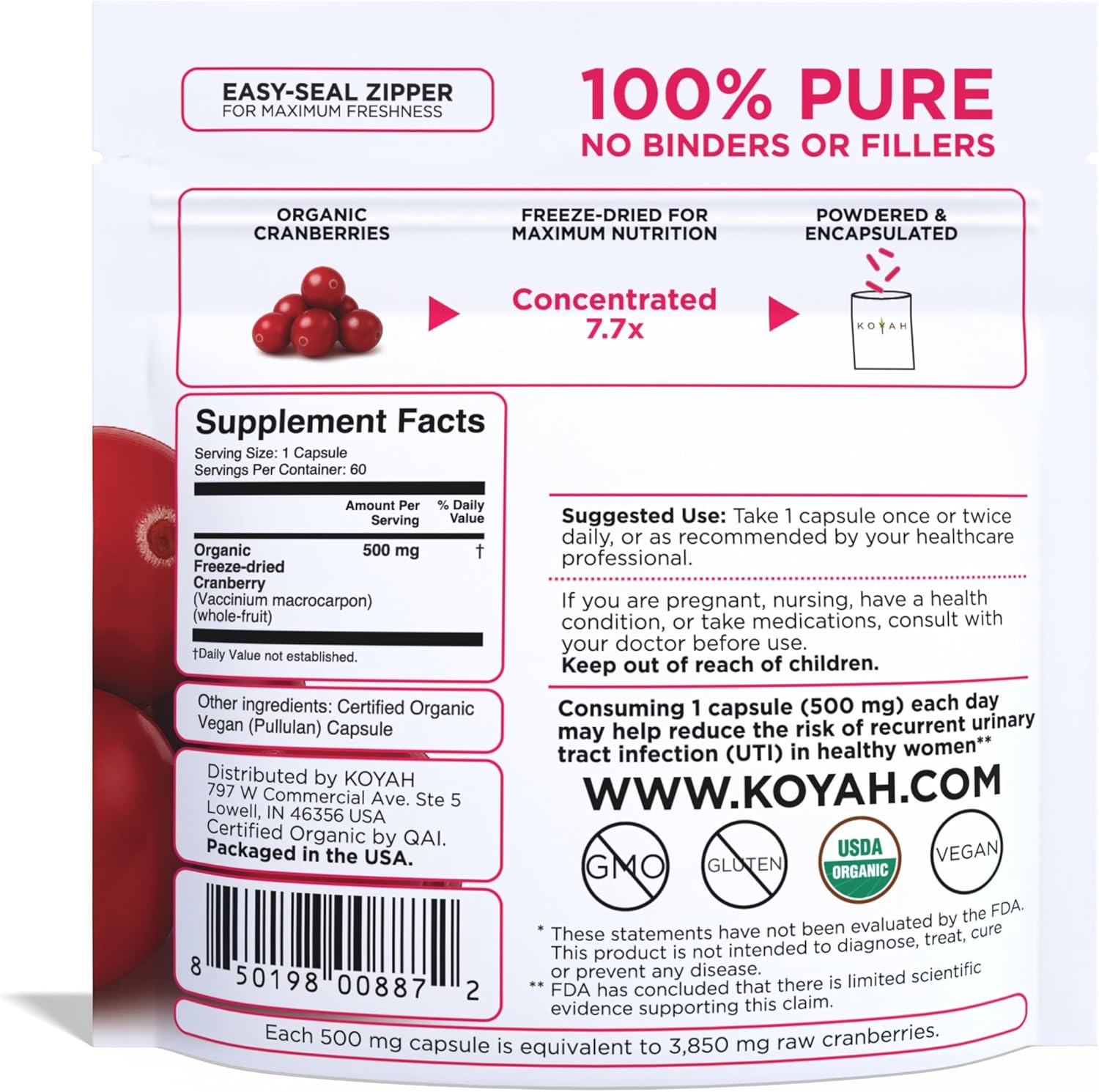 KOYAH - Organic Cranberry Capsules – 500 mg, Freeze-Dried, Whole-Berry, Vegan, Non-GMO, Supports Urinary Tract & Antioxidant Health, 60 Capsules