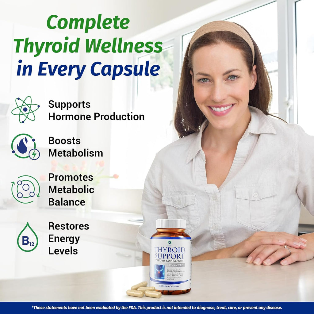 1 Body Thyroid Support Supplement with Iodine, B12, Zinc, Selenium, Ashwagandha, Non-GMO, Vegetarian, 30 Day Supply