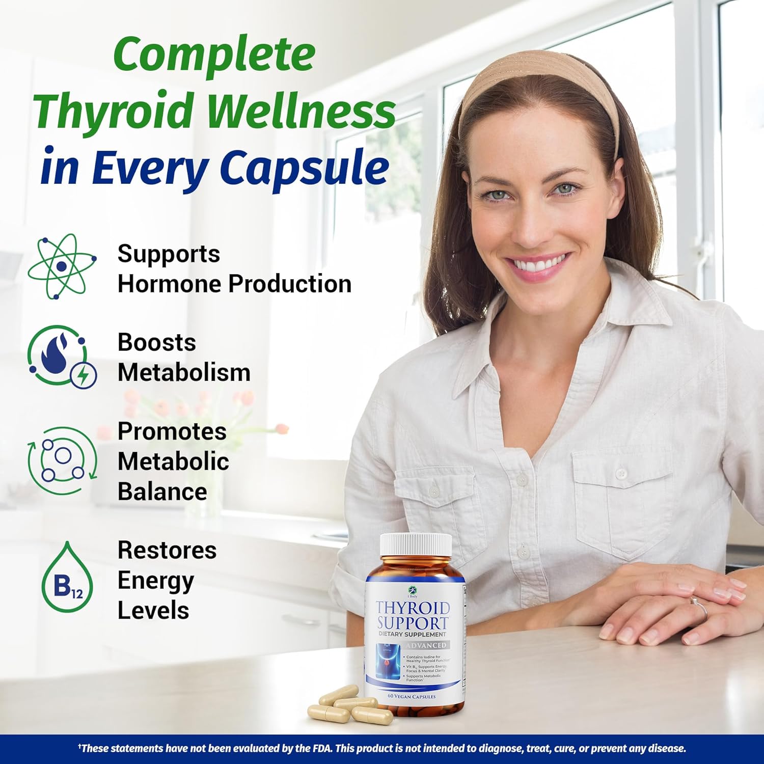 1 Body Thyroid Support Supplement with Iodine, B12, Zinc, Selenium, Ashwagandha, Non-GMO, Vegetarian, 30 Day Supply