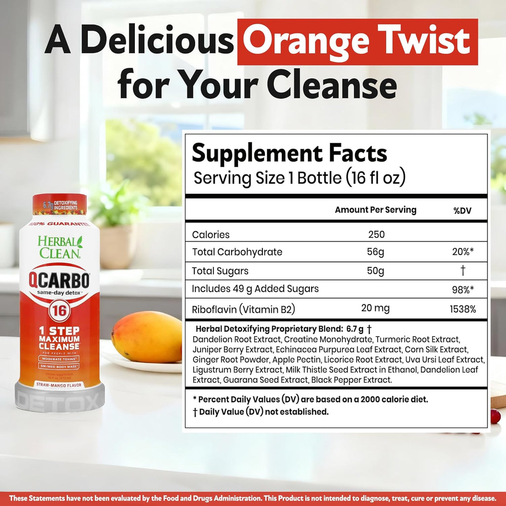 Herbal Clean Qcarbo16 Same-Day Detox Cleanse Drink (16 fl oz) - Strawberry Mango Flavor Full Body Cleanse* Detox Drink for Moderate Toxin Level*, Vitamin B2 and Vitamin B12 for Men & Women