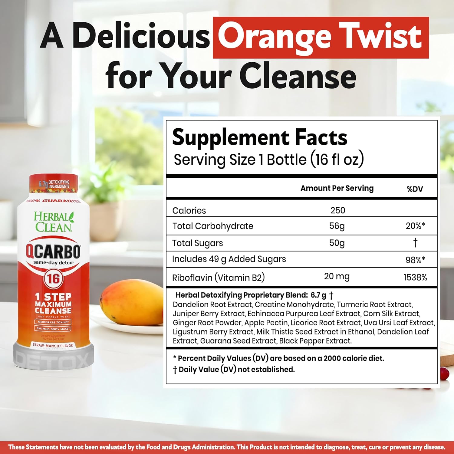 Herbal Clean Qcarbo16 Same-Day Detox Cleanse Drink (16 fl oz) - Strawberry Mango Flavor Full Body Cleanse* Detox Drink for Moderate Toxin Level*, Vitamin B2 and Vitamin B12 for Men & Women