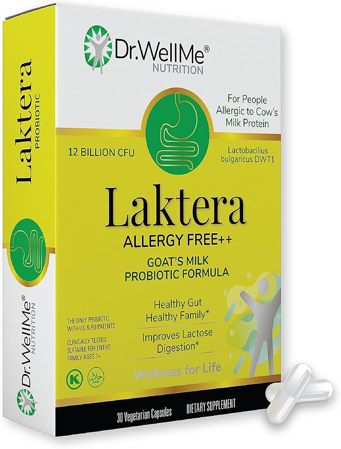 Dr. WellMe Laktera Allergy-Free Probiotics – 30 Capsules, 12B CFU Goat’s Milk Probiotic Formula, Immune & Gut Health Supplements – Low Lactose, Gluten-Free for Adults & 7+ Children