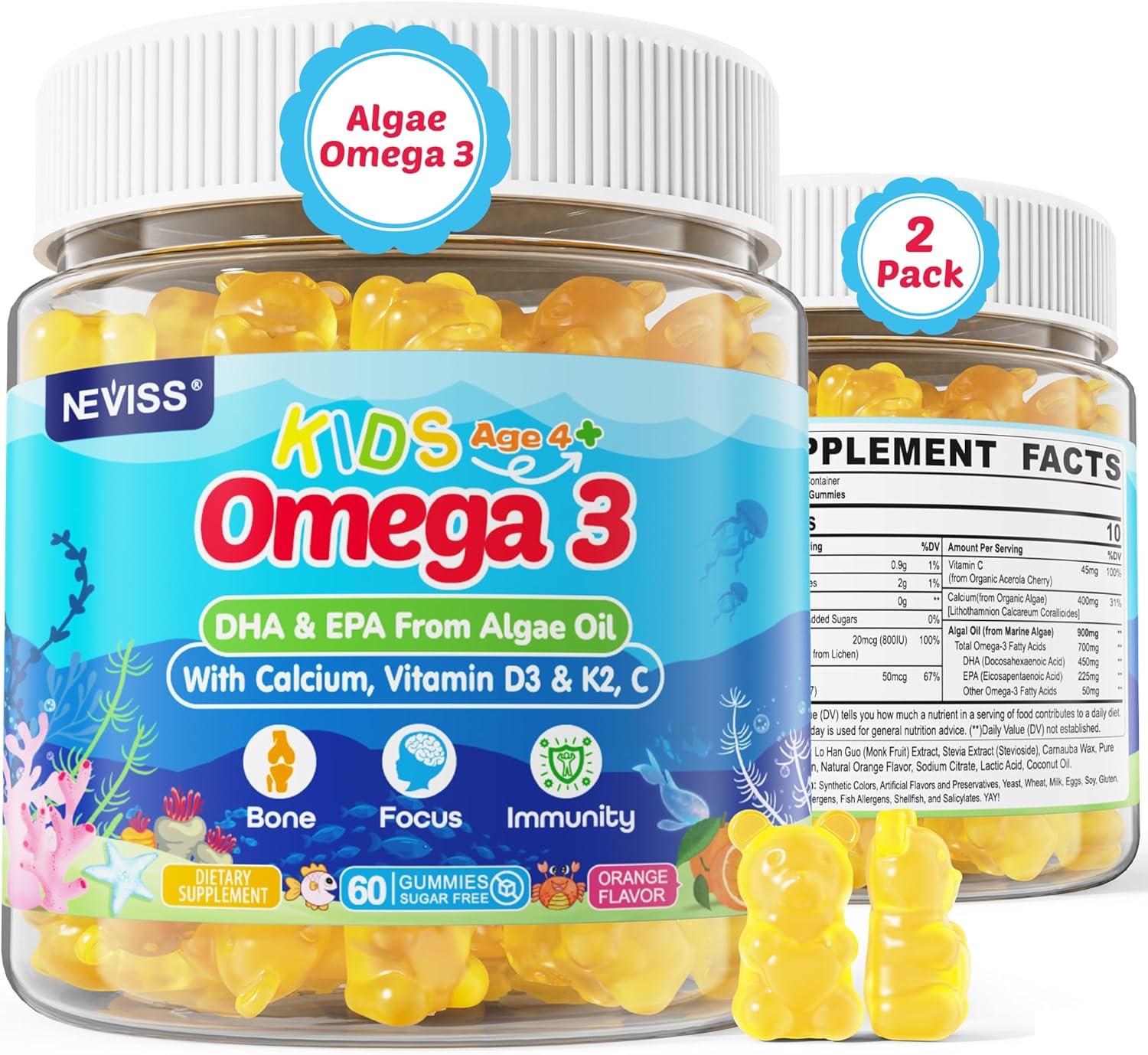 Kids Omega 3 Gummies + Calcium, Vitamin D3 & K2, C, Omega-3 DHA/EPA Gummies for Strong Bones, Focus & Memory, Immune Support, Kids Omega3 Supplement - No Fish Taste, Non-GMO, Chewable, Vegan, 2 Pack