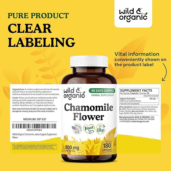 Wild & Organic Chamomile Extract Capsules 800 mg - Relaxation & Digestive Support - Chamomile Powder Supplement - Matricaria Recutita Herb - Vegan, No Fillers, Non-GMO - 180 Count