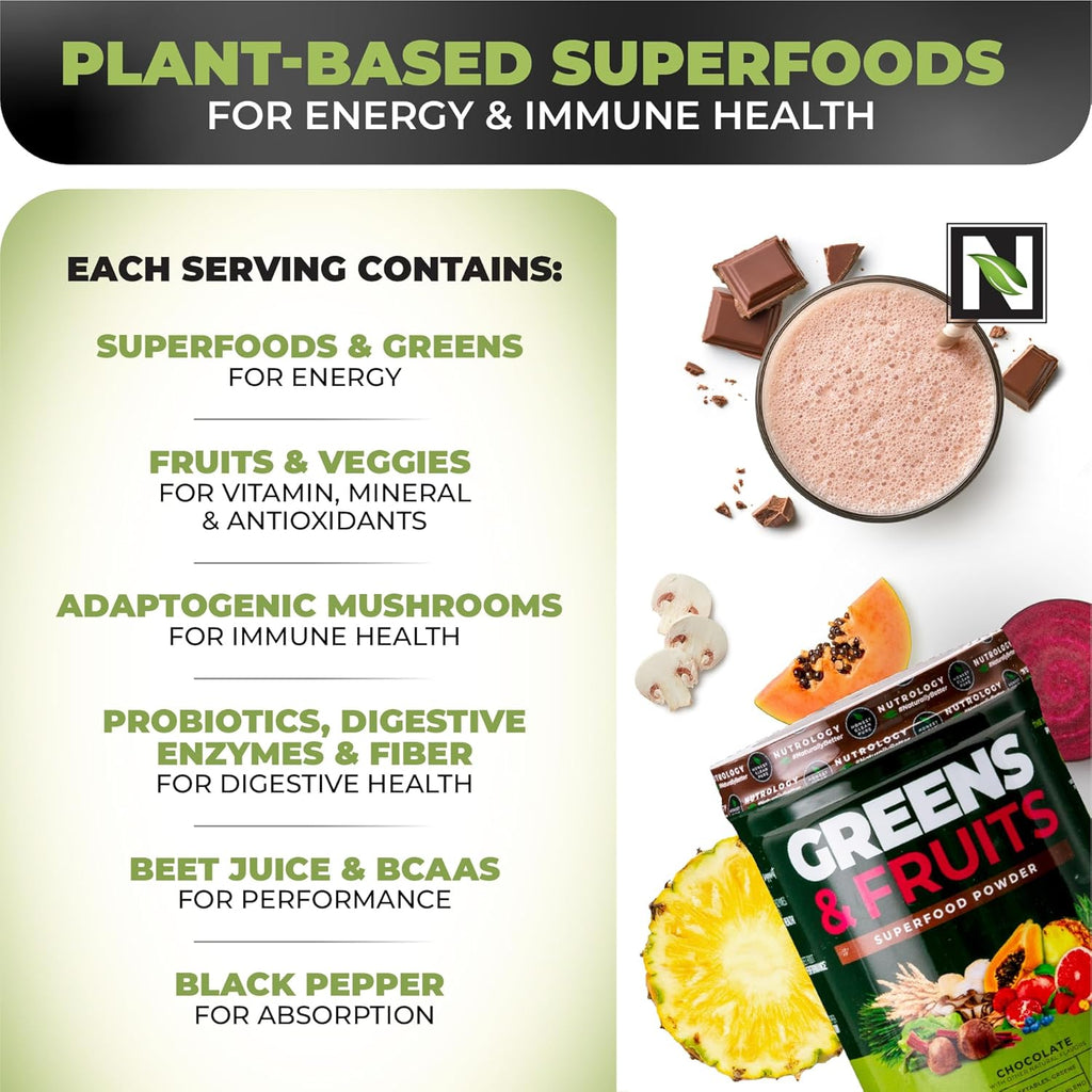 Nutrology Greens & Fruits Powder-Naturally Sourced Fruits, Vegetables, Beet Powder & Mushroom Blend, Probiotics, Digestive Enzymes, Fiber, Antioxidants, Immune Support, Gluten Free - Chocolate