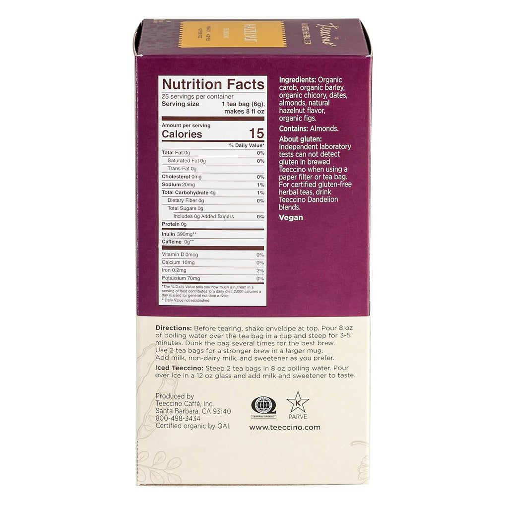 Teeccino Hazelnut Herbal Tea - Rich & Roasted Herbal Tea That’s Caffeine Free & Prebiotic for Natural Energy, 25 Tea Bags (Pack of 3)