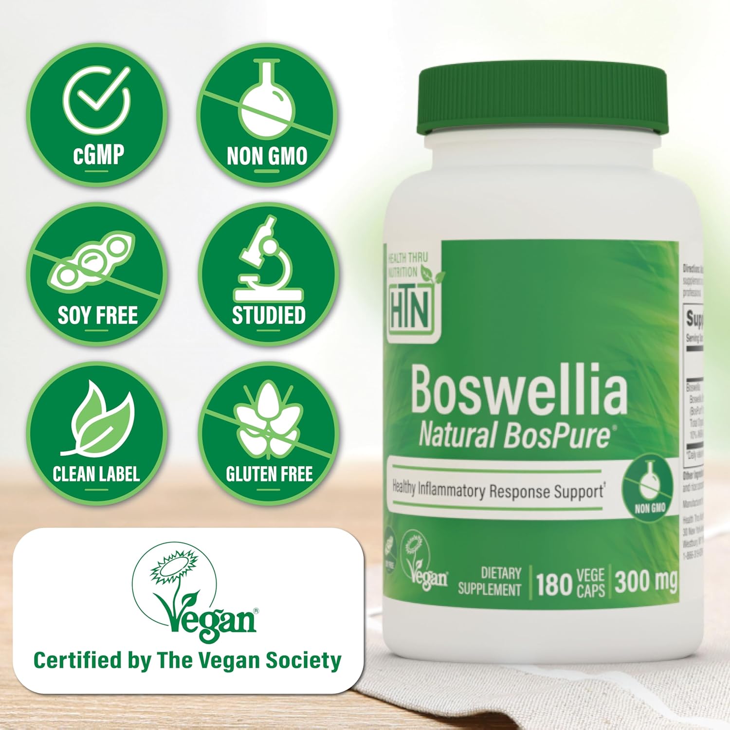 Health Thru Nutrition Boswellia 300mg 180 Capsules as Bospure AKBAMAX | High Potency 75% Boswellic Acids 10% AKBA | Healthy Inflammatory Support | Vegan Certified | Non-GMO Gluten Free Soy Free