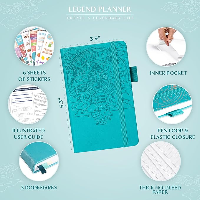 Legend Wellness Planner & Food Journal Pocket – Daily Diet & Health Journal with Weight Loss, Measurement & Exercise Trackers – Lifestyle & Nutrition Diary – Lasts 6 Months, 3.9x6.3″ – Turquoise