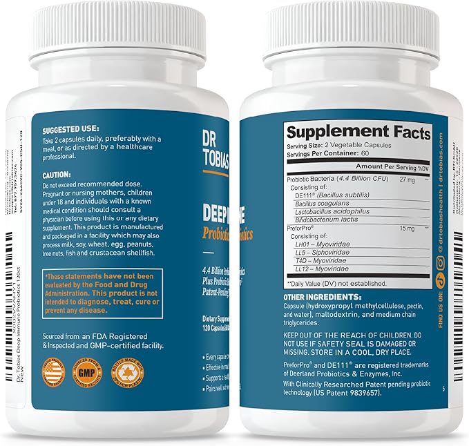 Dr. Tobias Deep Immune Probiotics & Prebiotics - Dual Action Digestion & Immune Support with PreforPro Prebiotics & Spore Forming Probiotics for Women & Men - 120 Capsules (60 Servings)