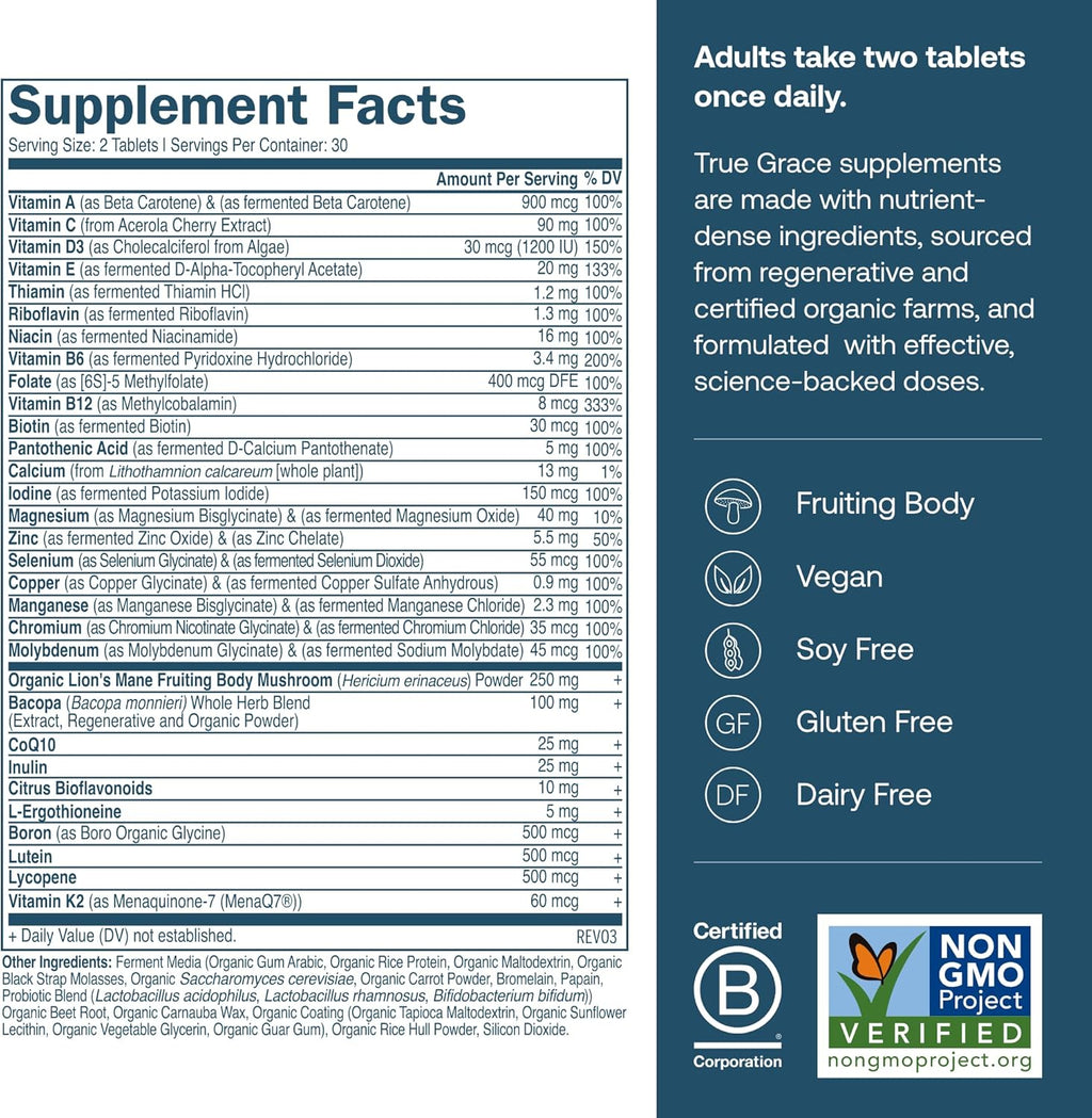 True Grace Daily Men’s Multivitamin 50+ - 60 Easy-to-Swallow Tablets - Immune, Energy, Longevity & Memory Support - Gluten Free, Soy Free, Vegan - 30 Servings