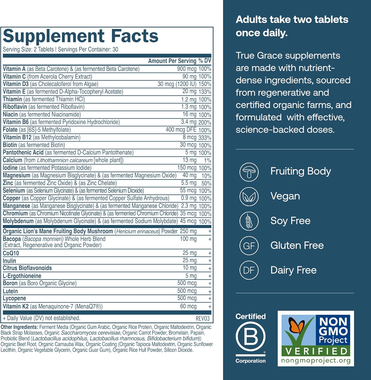 True Grace Daily Men’s Multivitamin 50+ - 60 Easy-to-Swallow Tablets - Immune, Energy, Longevity & Memory Support - Gluten Free, Soy Free, Vegan - 30 Servings
