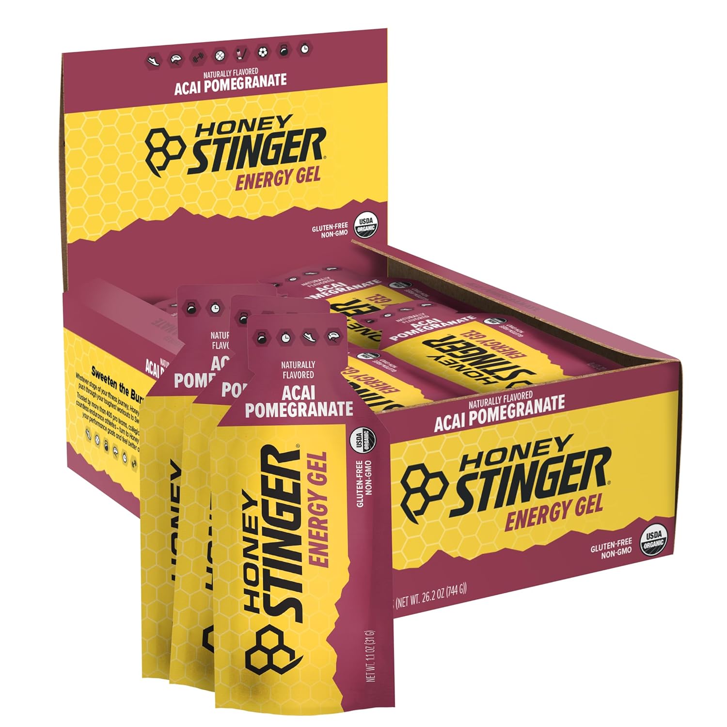 Honey Stinger Organic Acai Pomegranate Energy Gel, Gluten Free & Caffeine Free, for Exercise, Running and Performance, Sports Nutrition for Home & Gym, Pre and Mid Workout, 24 Pack, 26.4 Ounce