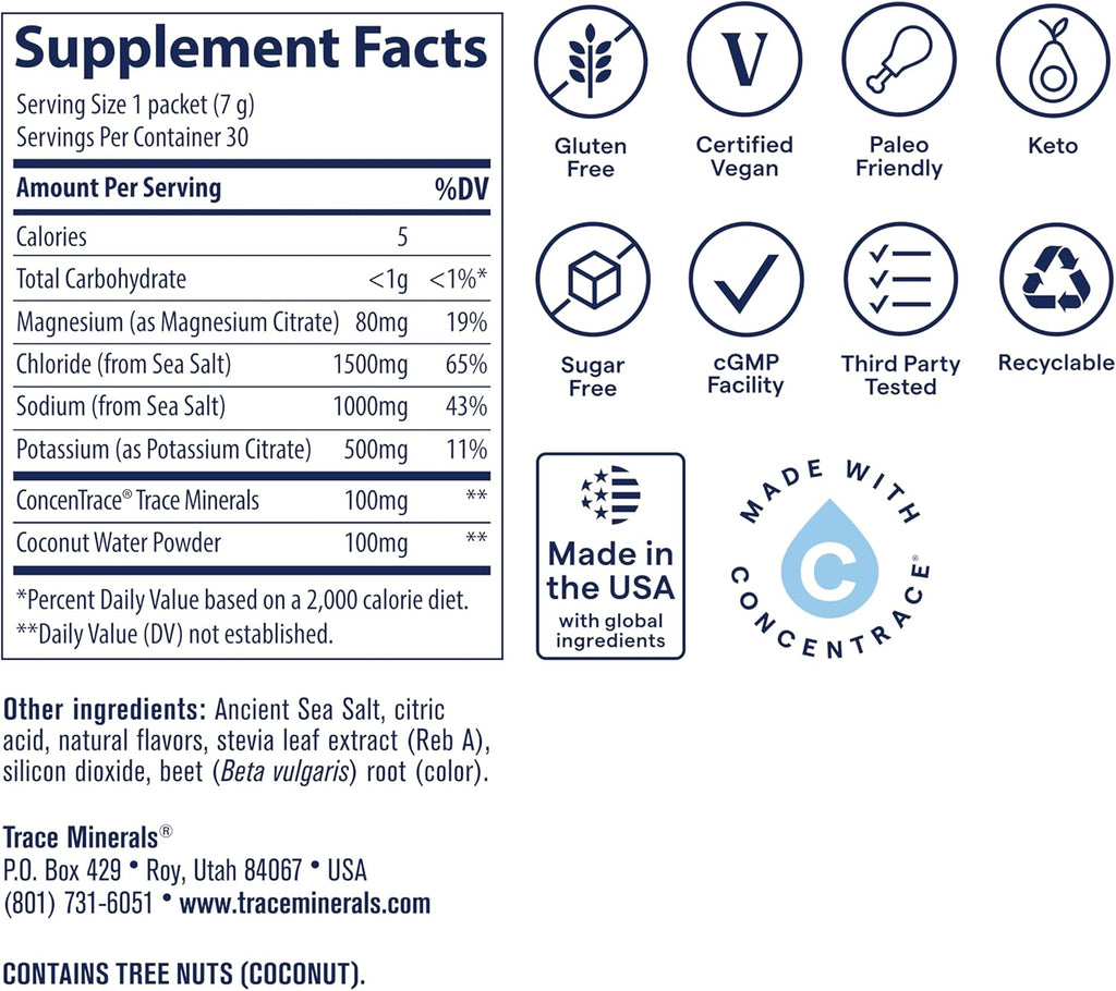 Trace Minerals ZeroLyte Salty Berry Lemonade Flavor - Sugar Free Electrolyte Drink Mix - Supports Hydration, Energy, Stamina - Ancient Sea Salt, Full Spectrum Minerals, Coconut Water - 30 Packets