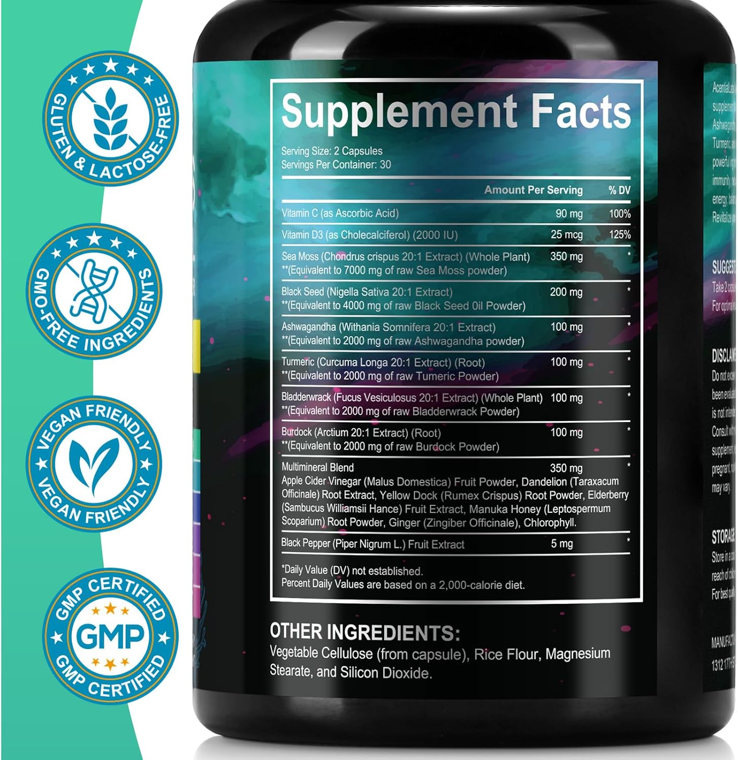 Sea Moss Black Seed Oil Ashwagandha Ginger, Sea Moss Capsule Supplement with Turmeric Burdock Root Bladderwrack Vitamin C Vitamin D3 Enhanced Immunity & Energy Sea Moss Black Seed Oil Capsule 60 Count