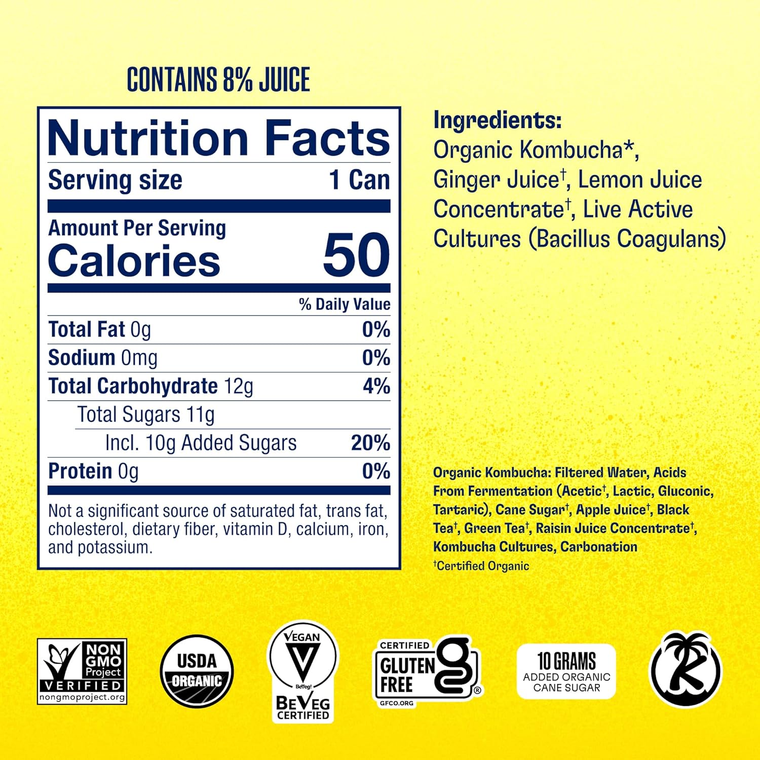 Health-Ade Ginger-Lemon Kombucha, Organic Drink, 12-Pack (11.5 Fl Oz Cans) - Fermented Tea with Probiotics, Detoxifying Acids, Supports Gut Health - Non-GMO, Vegan, Gluten-Free