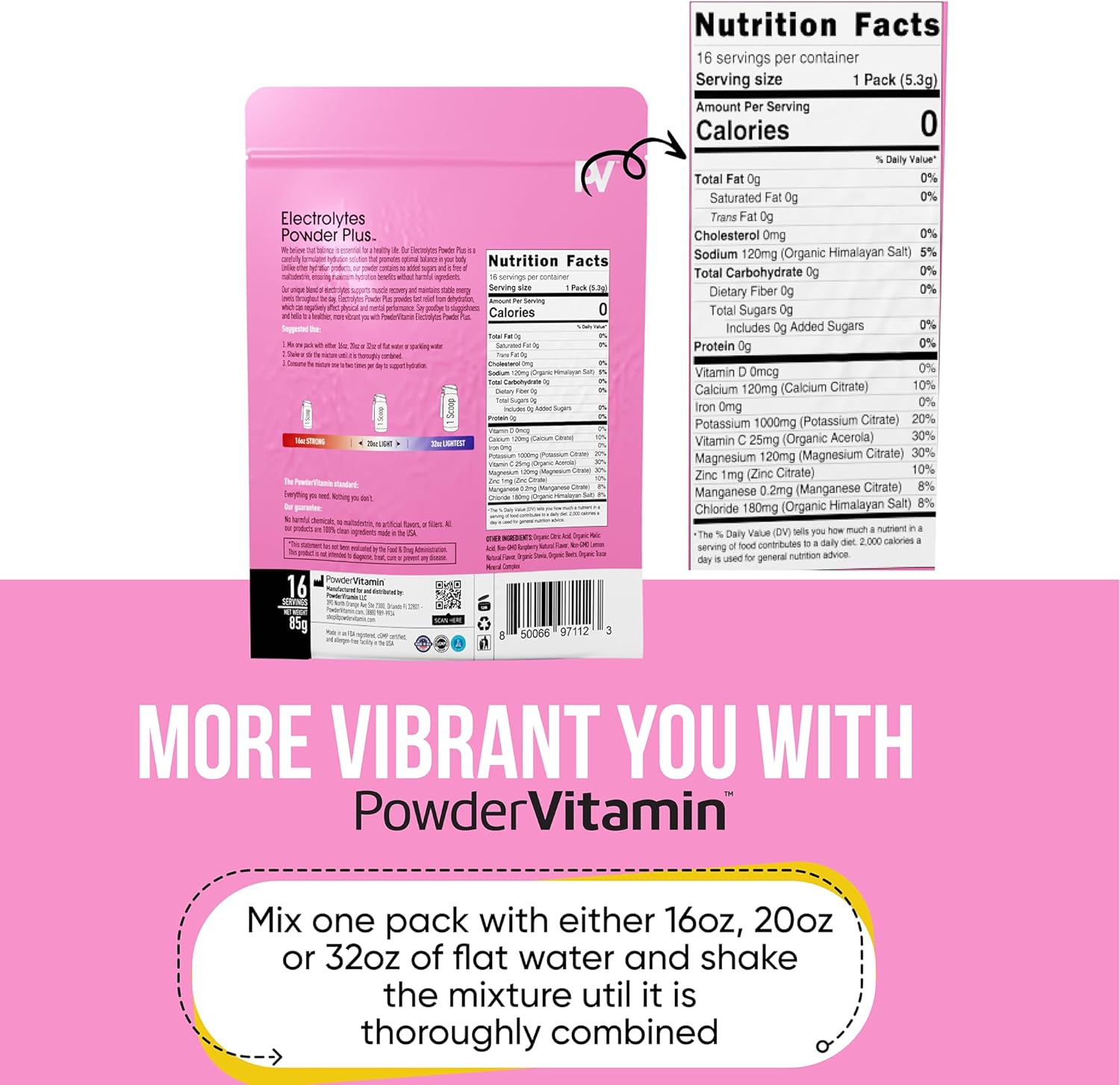 PowderVitamin Electrolytes Powder Plus, Keto, Raspberry Lemonade, Sugar Free, Pink Himalayan Salt, 1000mg Potassium, 120mg Calcium, 120mg Magnesium, Non-GMO, Zero Calories, (16 Hydration Packets)
