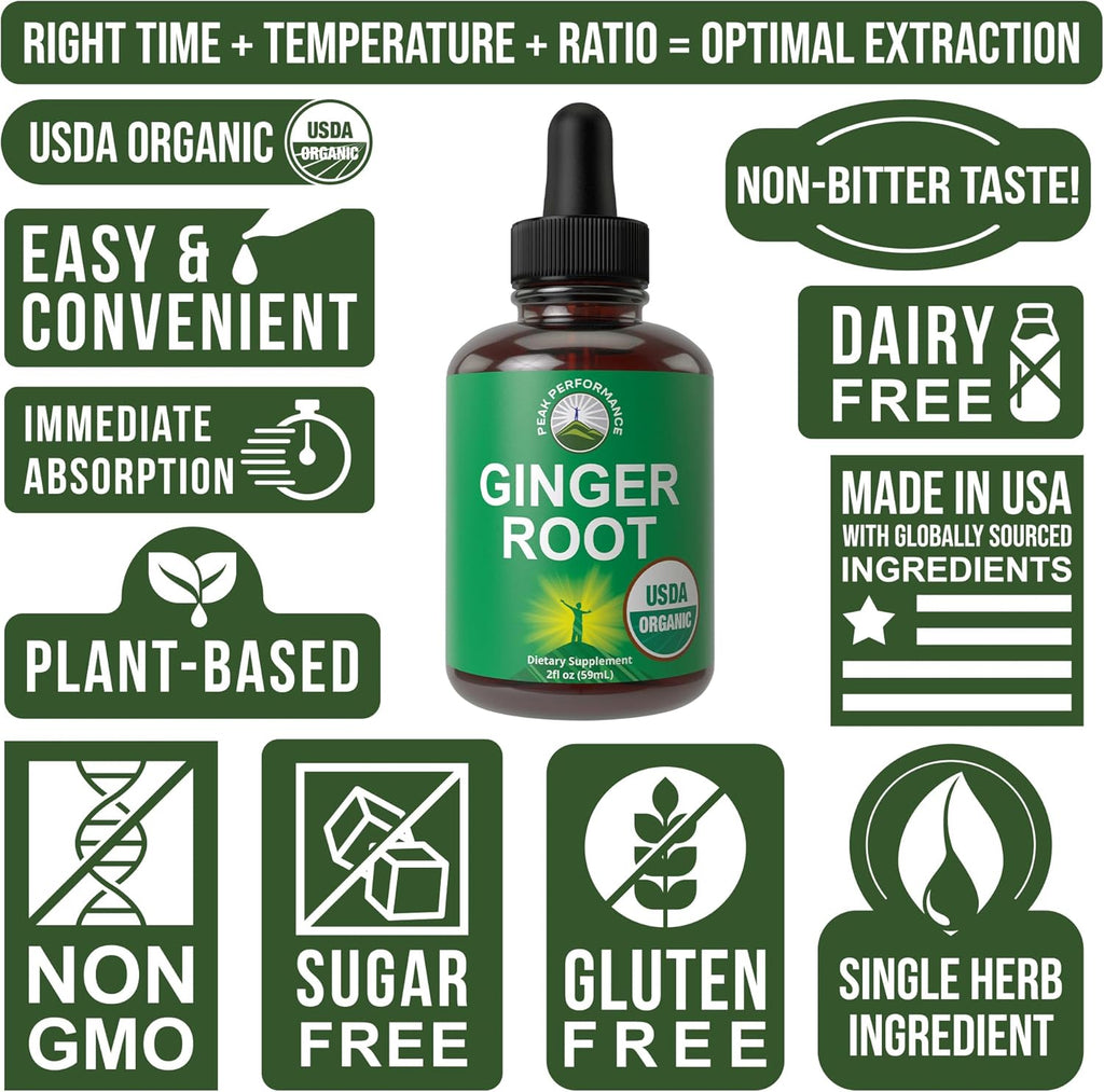 USDA Organic Ginger Root Extract Liquid Drops. Zero Sugar, Non Bitter Vegan Ginger Oil Supplement For Immune, Digestive + Gut Support. High Bioavailability, Gluten Free For Women and Men. Take Orally