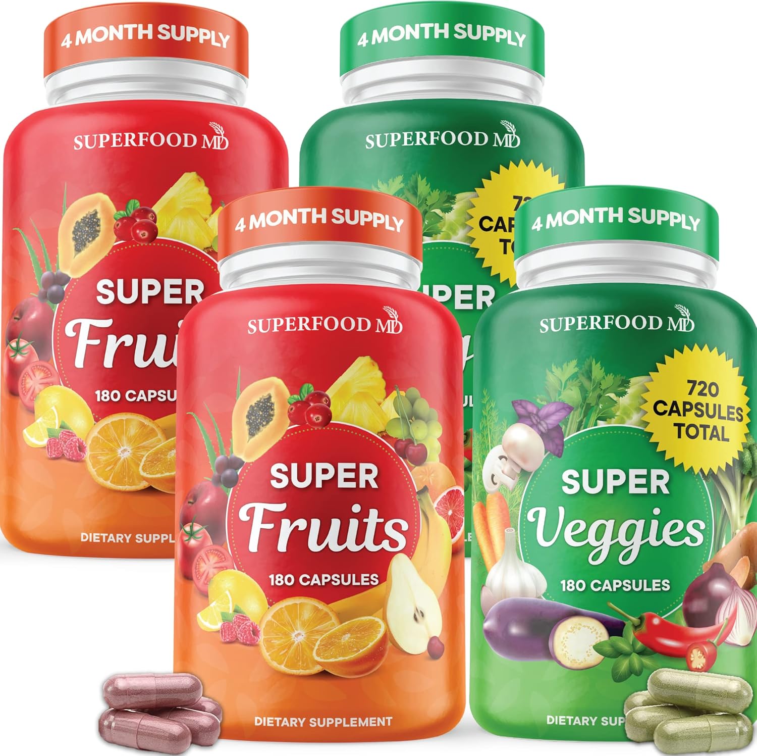 Superfood Fruit and Veggie Supplement - Fruit and Veggie Capsules 100% Whole Super Fruit and Super Vegetable Supplements & Vitamins, with Olive Leaf (720 Count (Pack of 4))