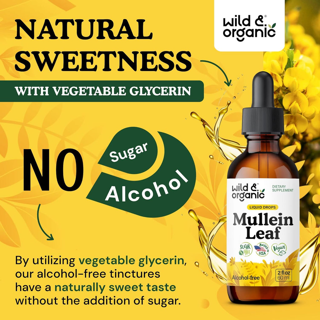 Wild & Organic Mullein Drops for Lungs - Lung Detox and Cleanse - Liquid Mullein Leaf Tincture with Echinacea & Licorice Root - Vegan, Sugar & Alcohol-Free Extract Supplement - 2 fl oz