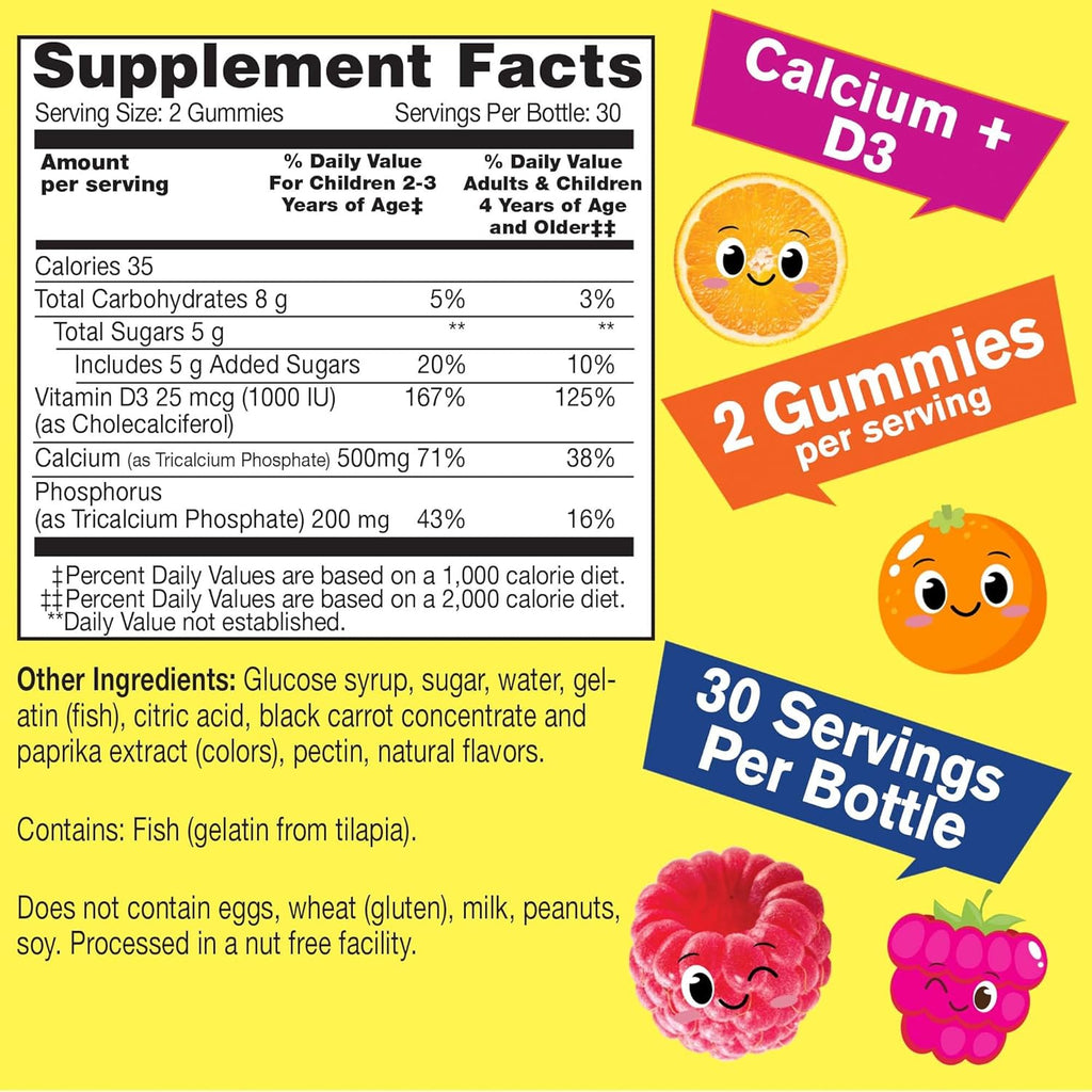 WellYeah Calcium 500mg + Vitamin D3 1000 IU (25 mcg) Gummies for Kids - Bone Health and Muscle Supprt, Immune Support Gummy, Non GMO, Gluten Free, Mix Fruit Flavors - 60 Gummies