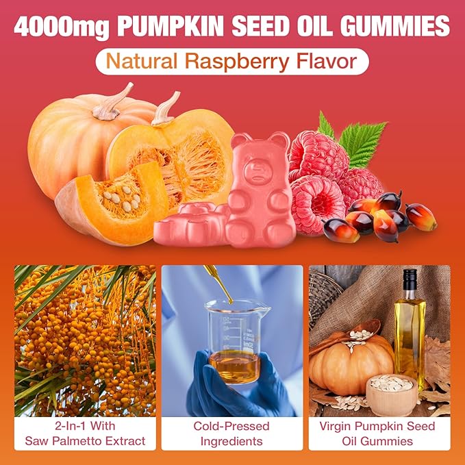 2 Pack Pumpkin Seed Oil Gummies, Pumpkin Seed Oil Supplement with Saw Palmetto for Hair Growth, Youthful Skin & Prostate Health, Non-GMO, Gluten Free, Vegan, Sugar Free, Raspberry Flavor, 120 Count
