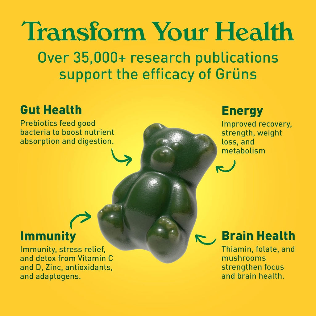 Gruns Sugar-Free Super Greens Gummies, Multivitamin Superfood Gummy Bears, Spirulina, Chlorella, Prebiotics & Fiber gummies for Digestive Health, Adaptogens Supplement, 20 Vitamins & Minerals, 10 pack